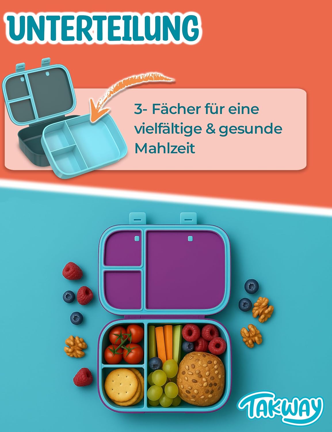Brotdose Kinder Bento Box mit Fächern (BPA-frei), Herzen
