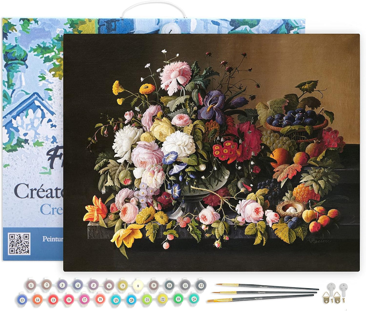 Malen nach Zahlen Set - Blumen und Obst, 40 x 50 cm, Blumen und Obst - Severin Roesen 40x50cm Mit Rahmen (bereits gespannt)