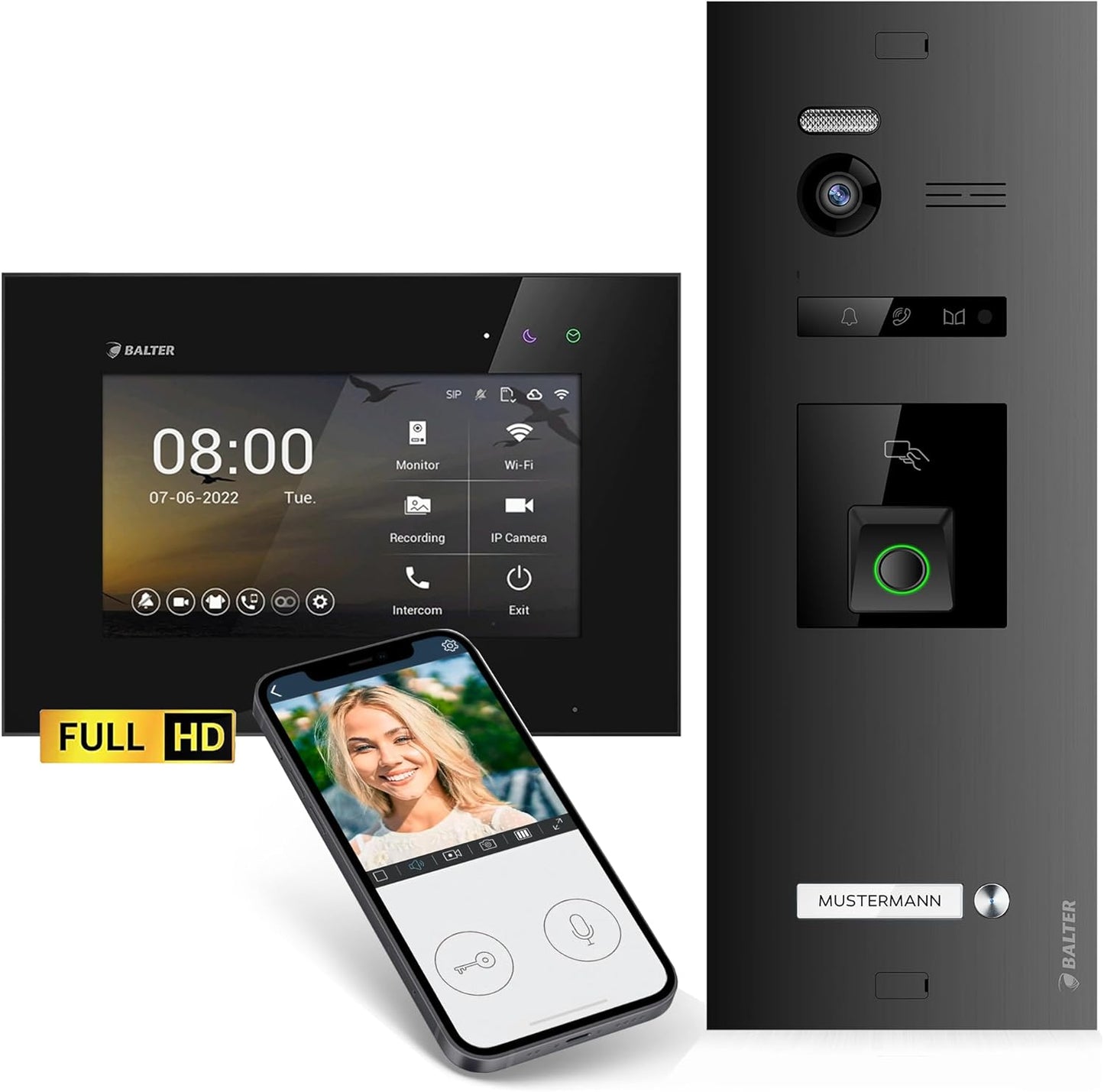 EVO-HD Video-Türsprechanlage mit Fingerprint, 1 Monitor, Mit App C. Schwarz/Schwarz