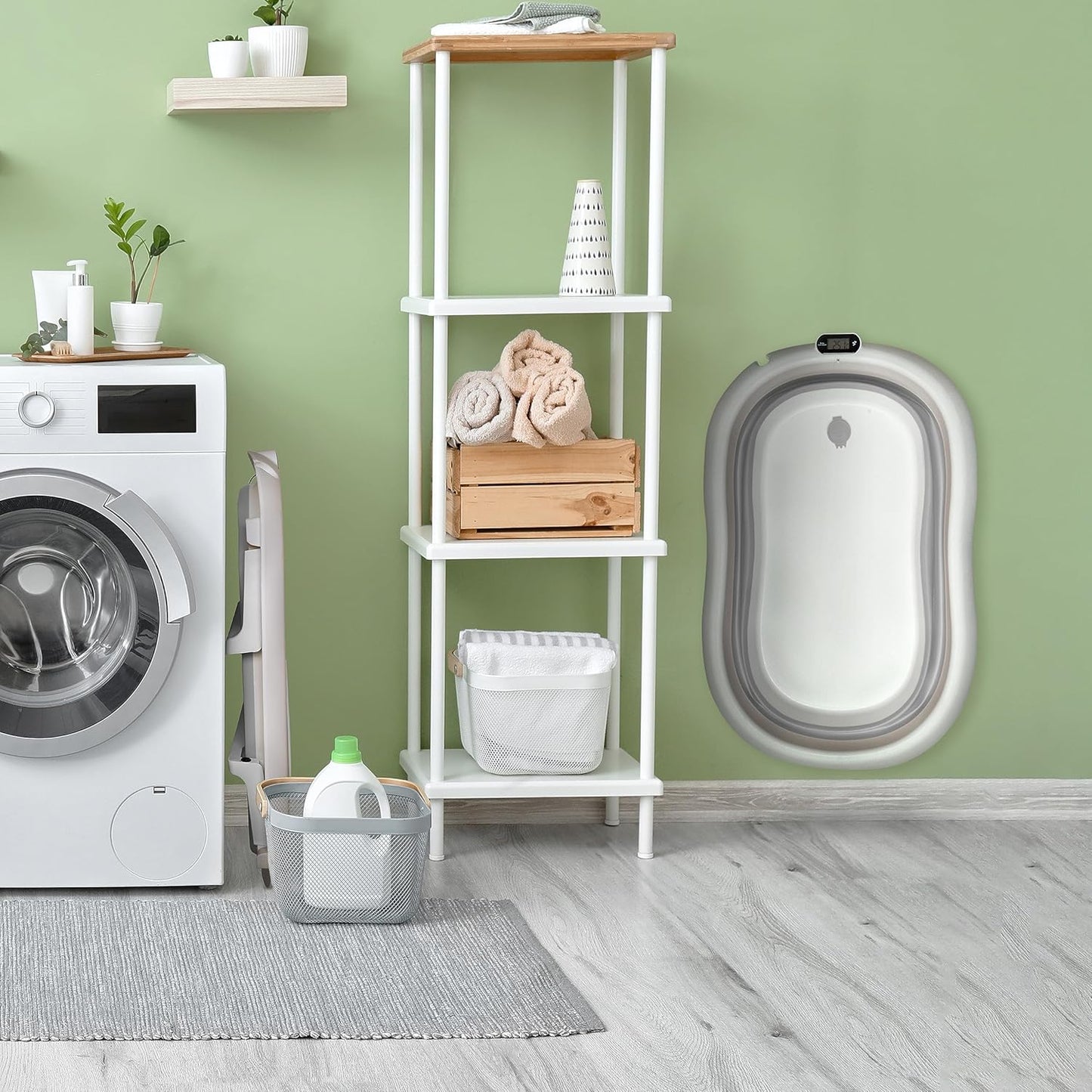 Faltbare Babybadewanne mit Thermometer und Kissen, Grau 21cm Höhe - Faltbare