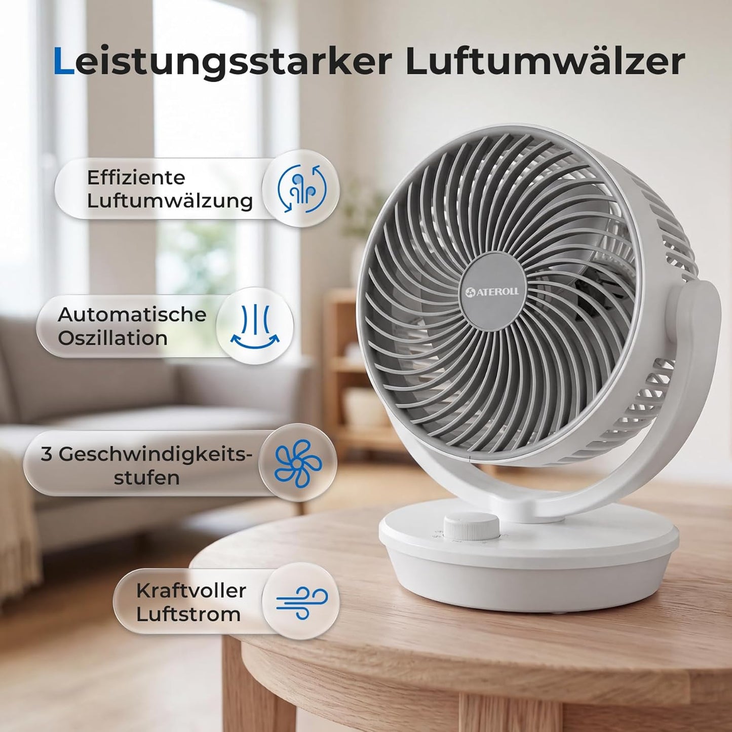 Tischventilator mit Oszillation, Weiss