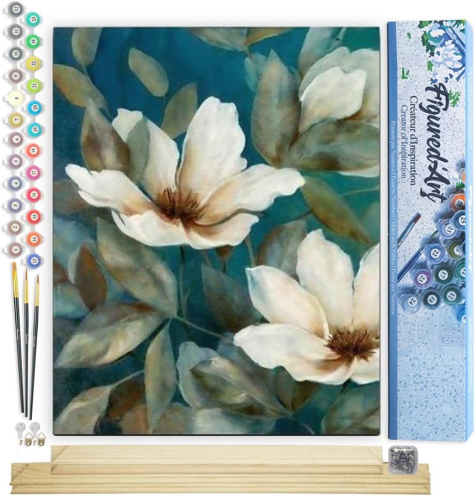 Malen Nach Zahlen Set mit Rahmen Dunkelweisse Blumen, 40x50cm, Dunkelweiße Blumen 40x50cm Mit Keilrahmen (nicht gespannt)
