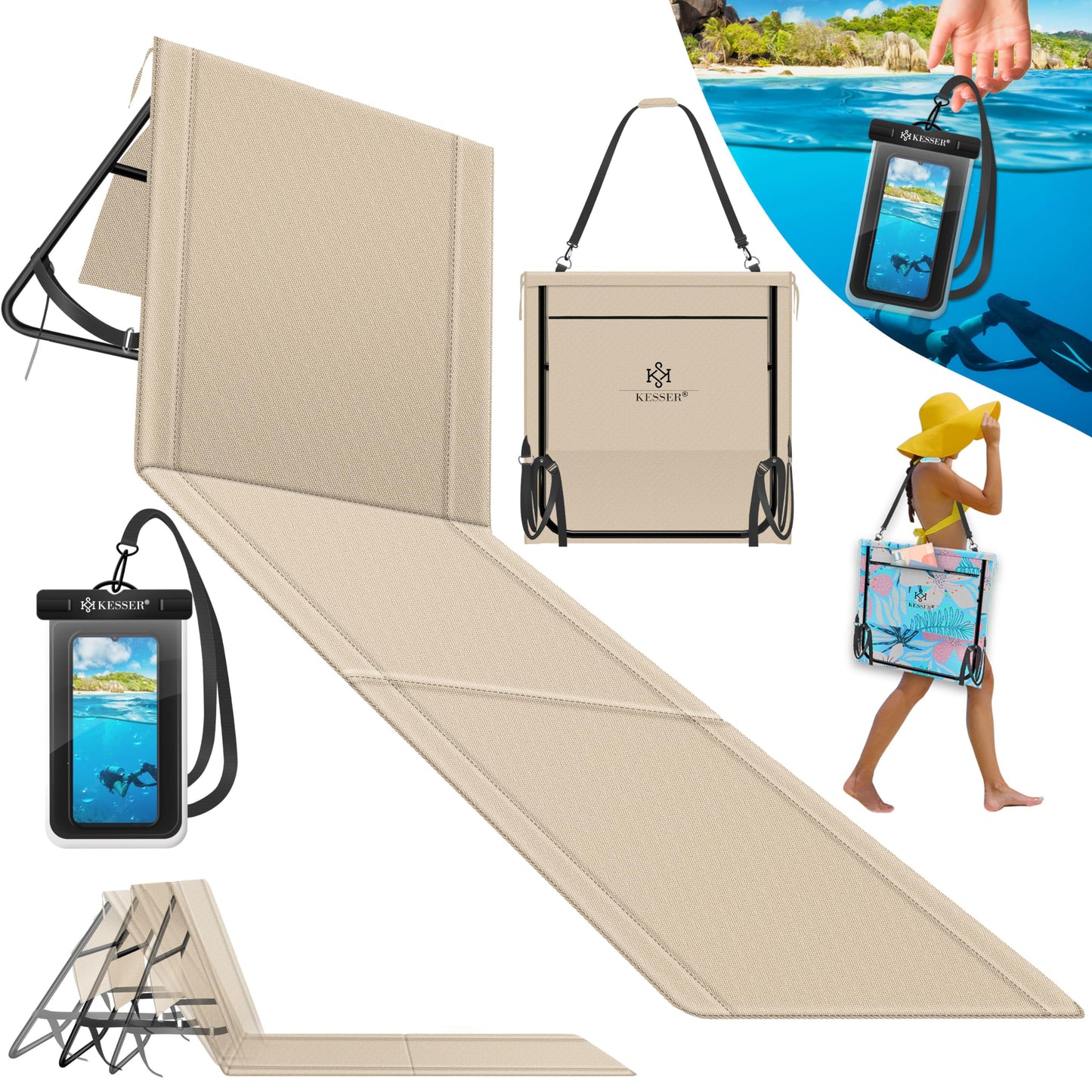 Klappbare Strandmatte mit Rücklehne und Tasche, 1 Stück Beige