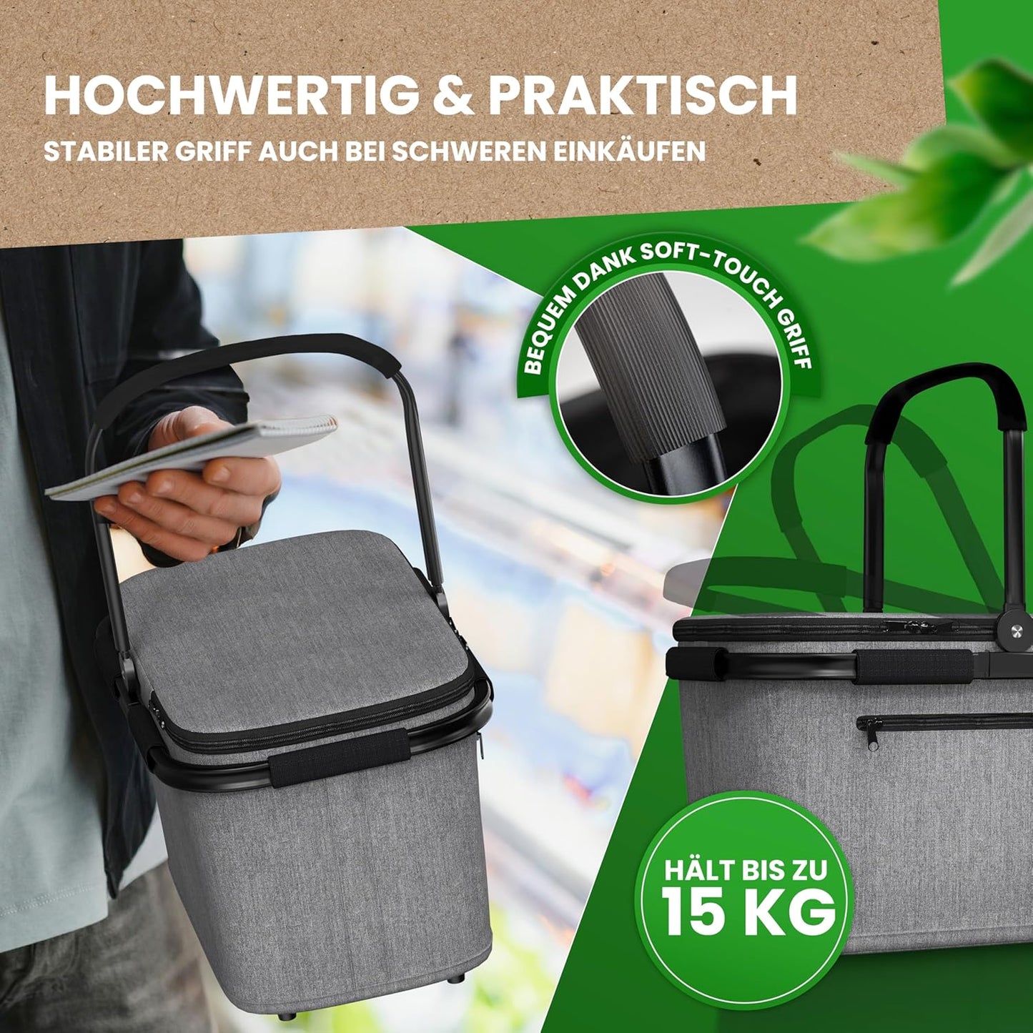 Thermo Einkaufskorb Kühltasche mit Reissverschlussfach, Grau