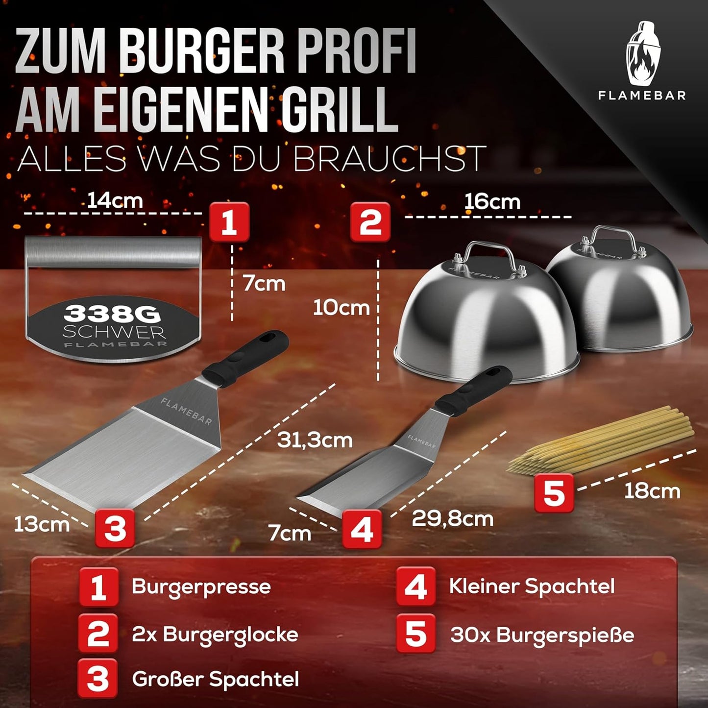 6-teiliges Burgerpresse-Set mit Burgerglocke, Burgerspiesse & Grillspachtel