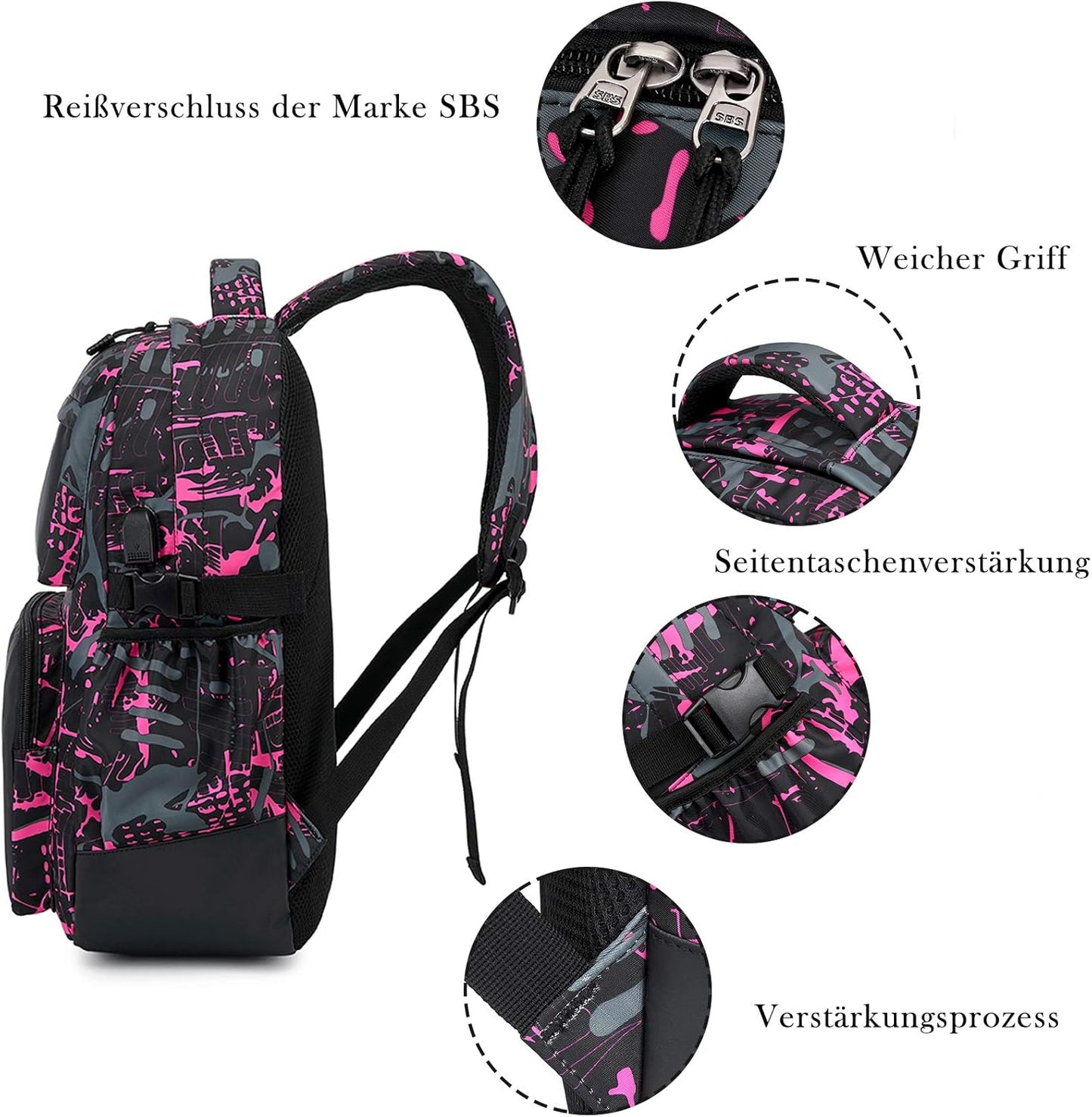 Rucksack für Teenager mit Reflektoren, Rosa