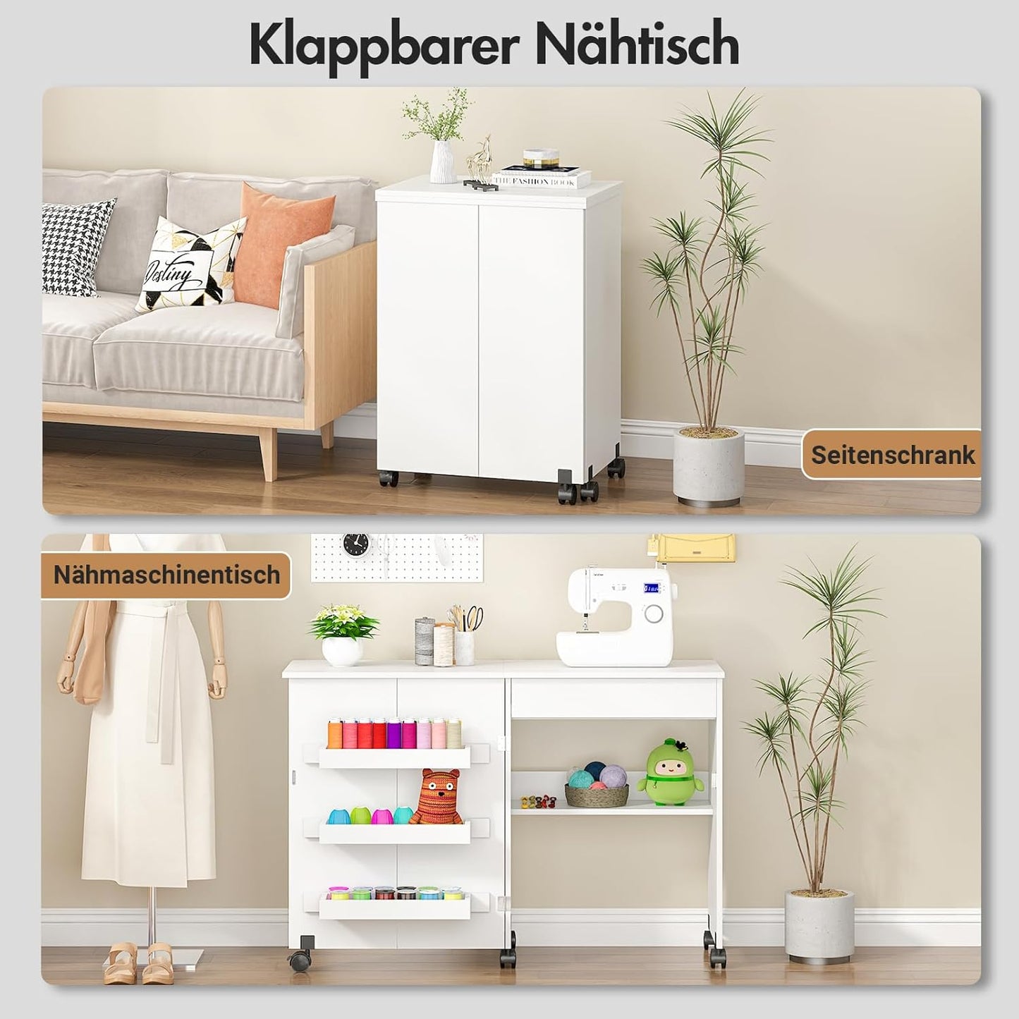 2-in-1 Klappbarer Nähtisch mit Ablagefächern