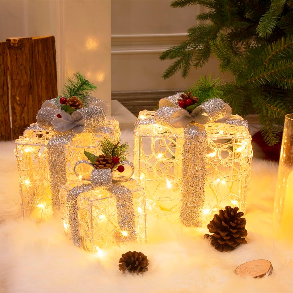 3er-Set LED-Weihnachtsgeschenkboxen, Weiss Acryl