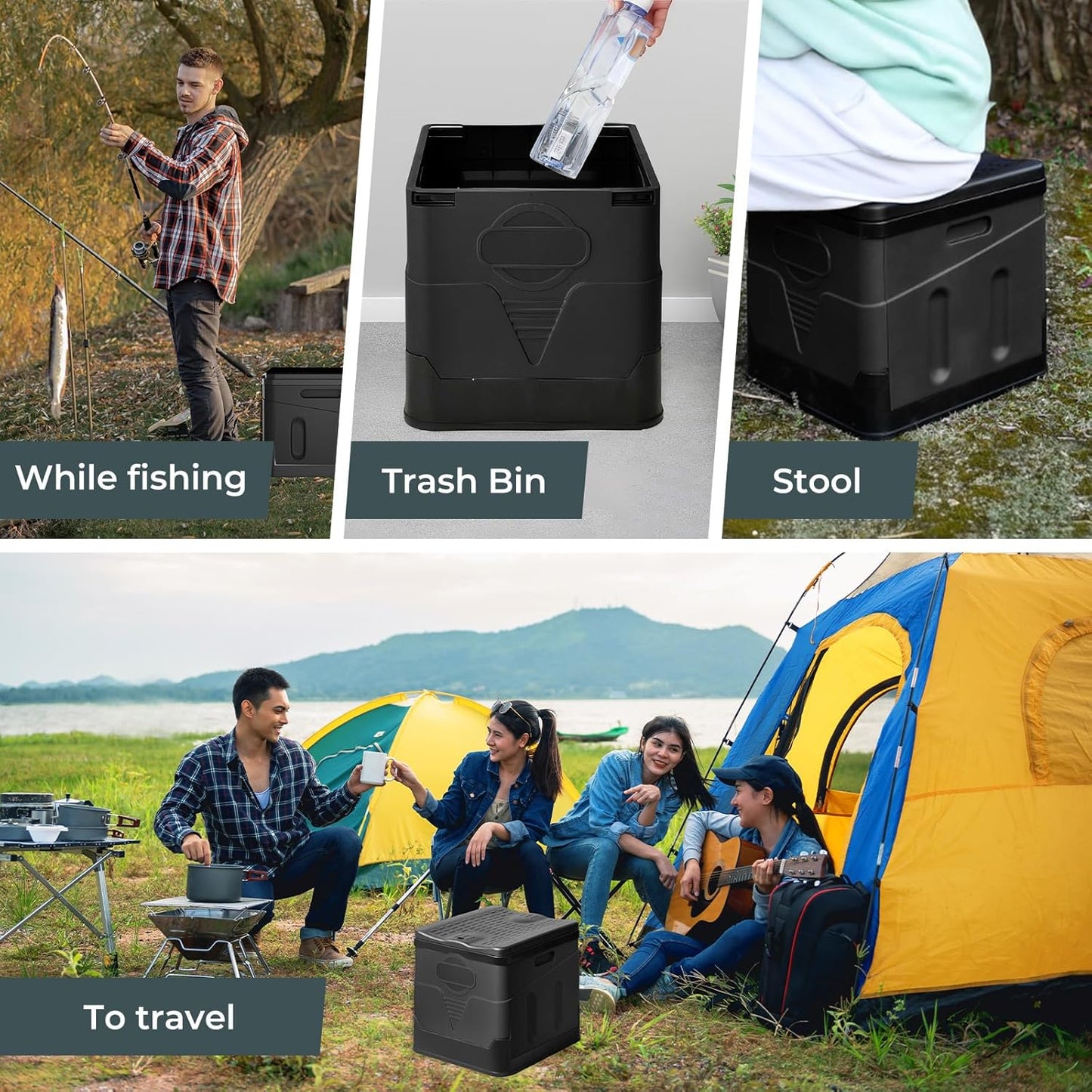 Klapptoiletten-Set mit Müllbeutel, Transporttasche & Toilettensitzpolster, Reines Schwarz