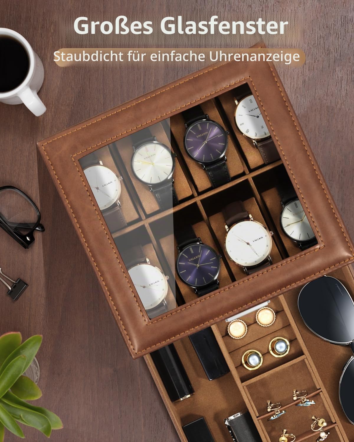 Uhrenbox mit 8 Fächern und Schublade, 8-braunes Pu-braunes