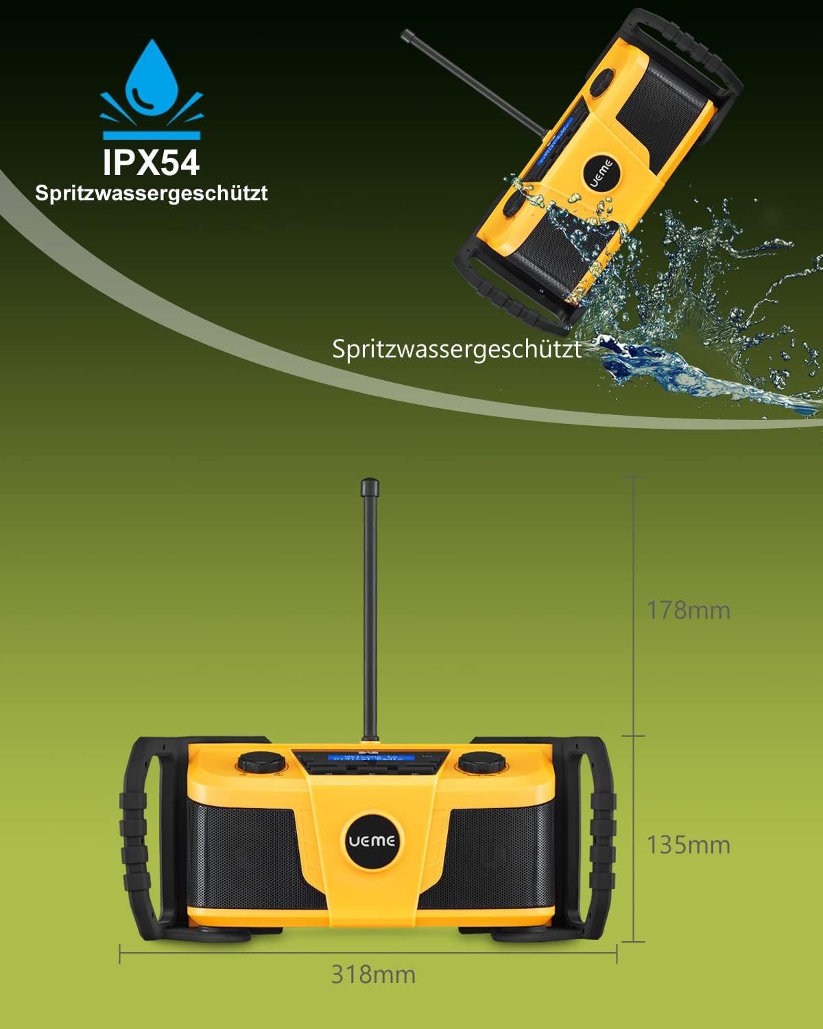 Baustellenradio mit Bluetooth und Wecker, Gelb-Schwarz