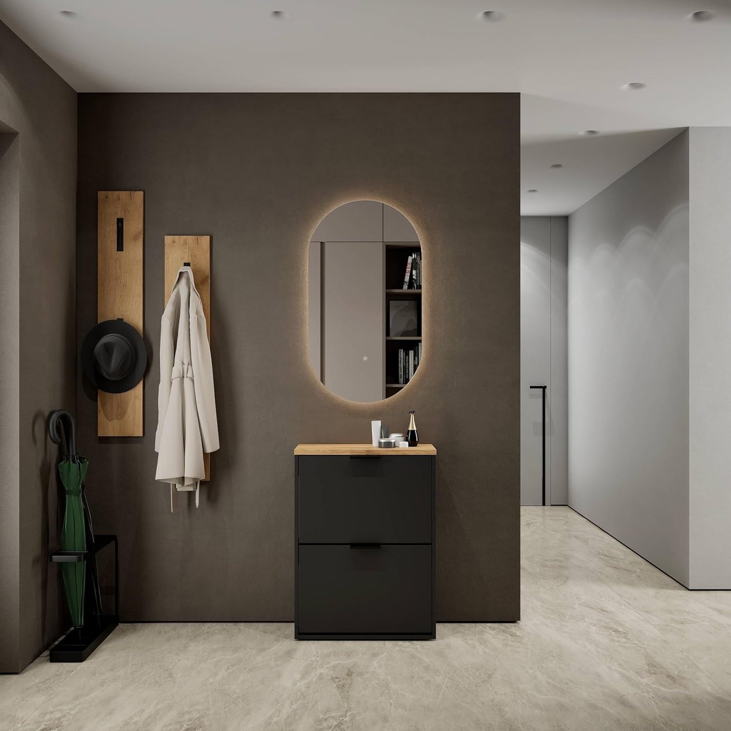 Schmaler Schuhschrank mit 2 Klappen und 4 Ablagen, 2 Klappen Schwarz