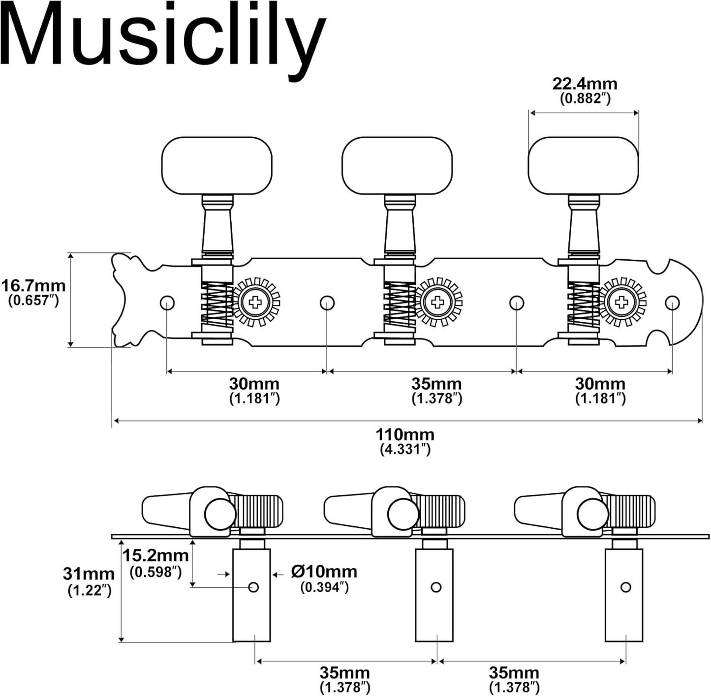 Mechaniken-Set für Konzertgitarre (vernickelt), Ovale Knöpfe, vernickelt