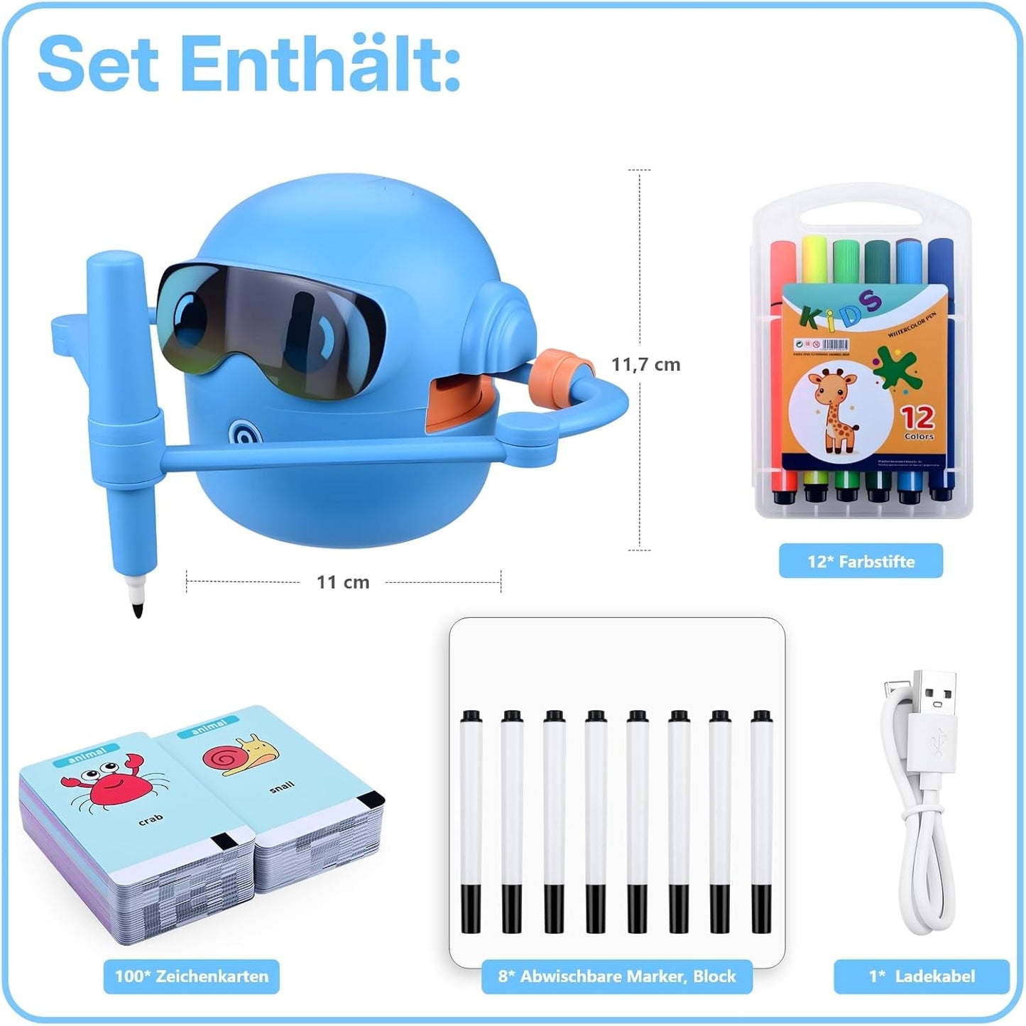 Interaktiver Zeichenroboter für Kinder mit Zeichenkarten, Blau