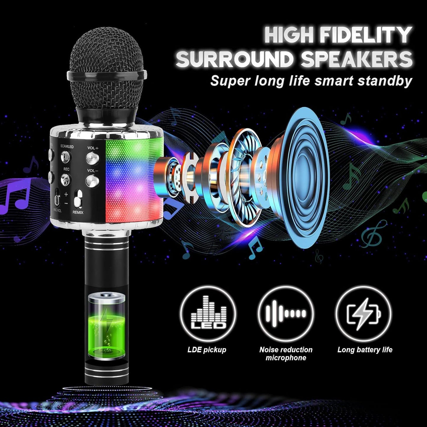 Bluetooth-Karaoke-Mikrofon für Kinder, black