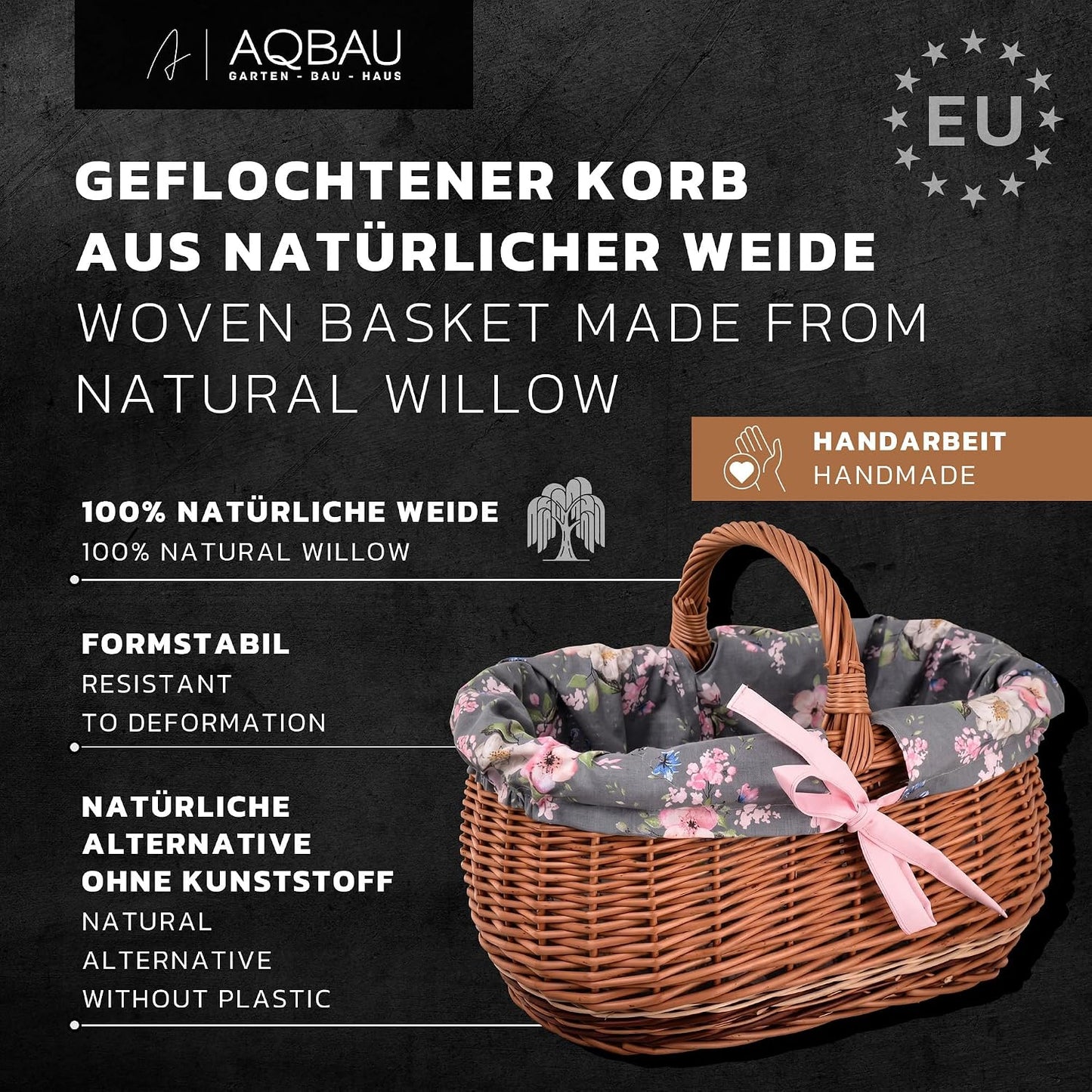 Geflochtener Einkaufskorb mit Henkel (gross), Grau