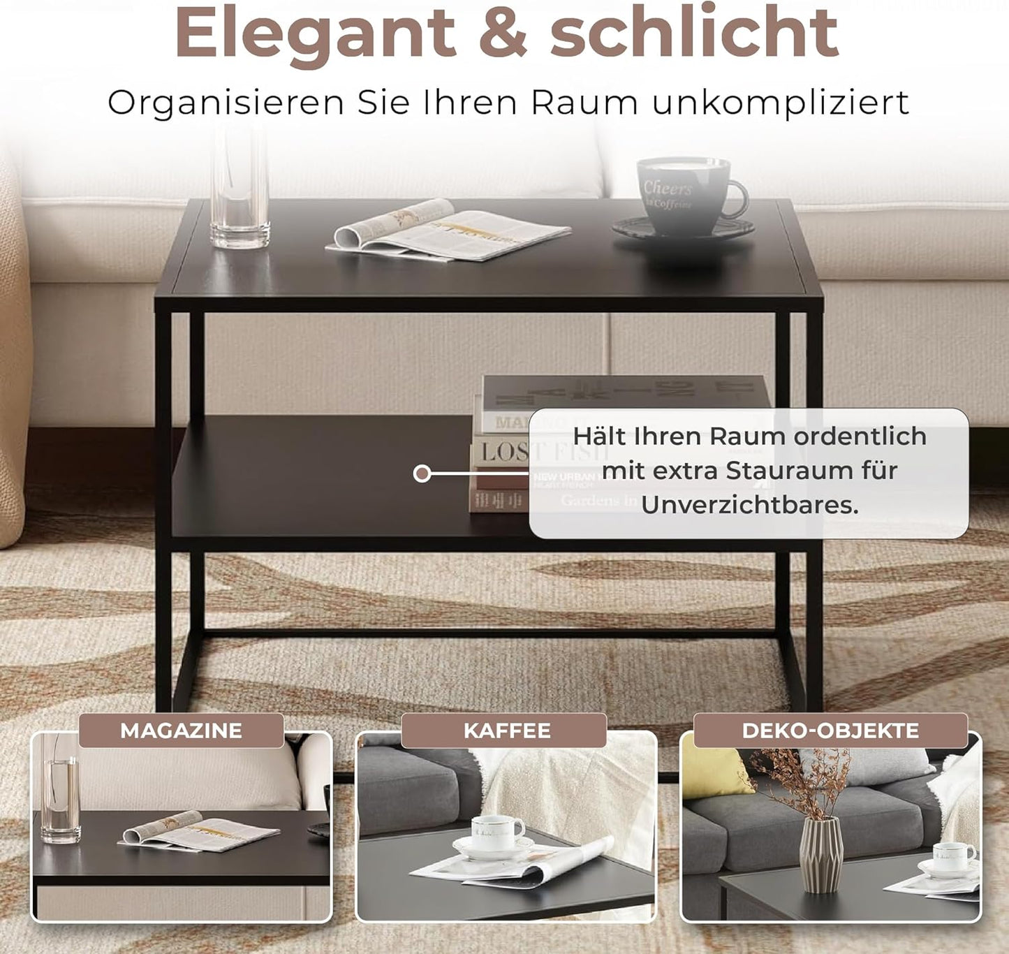 Couchtisch Solund mit Ablage, Schwarz, Matt 60 x 60 x 45 cm - 2 Ablagen