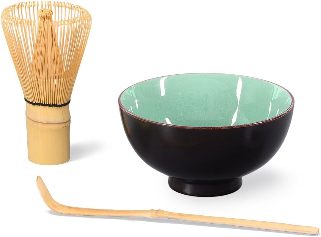 Matcha-Set mit Schale, Löffel und Besen (3-teilig), Moosgrün