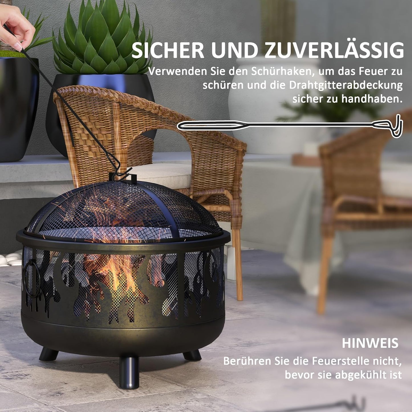 Metall Feuerschale mit Funkenschutz & Grillrost, 61 cm
