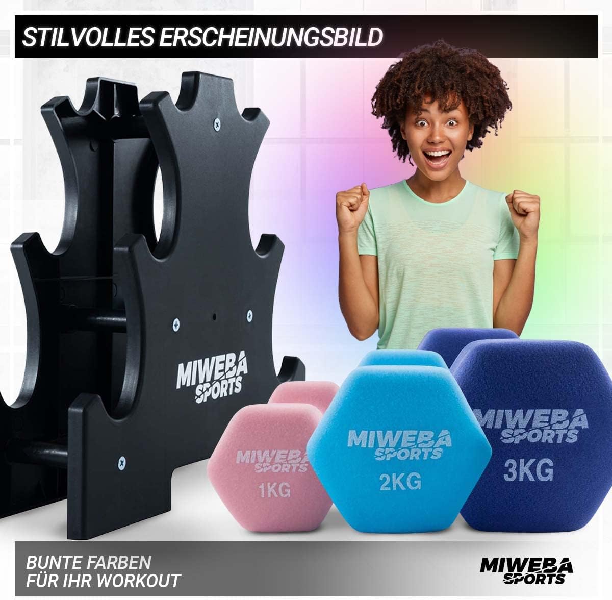 6-teiliges Hantelset inkl. Ständer, Rosa/Türkis/Königsblau