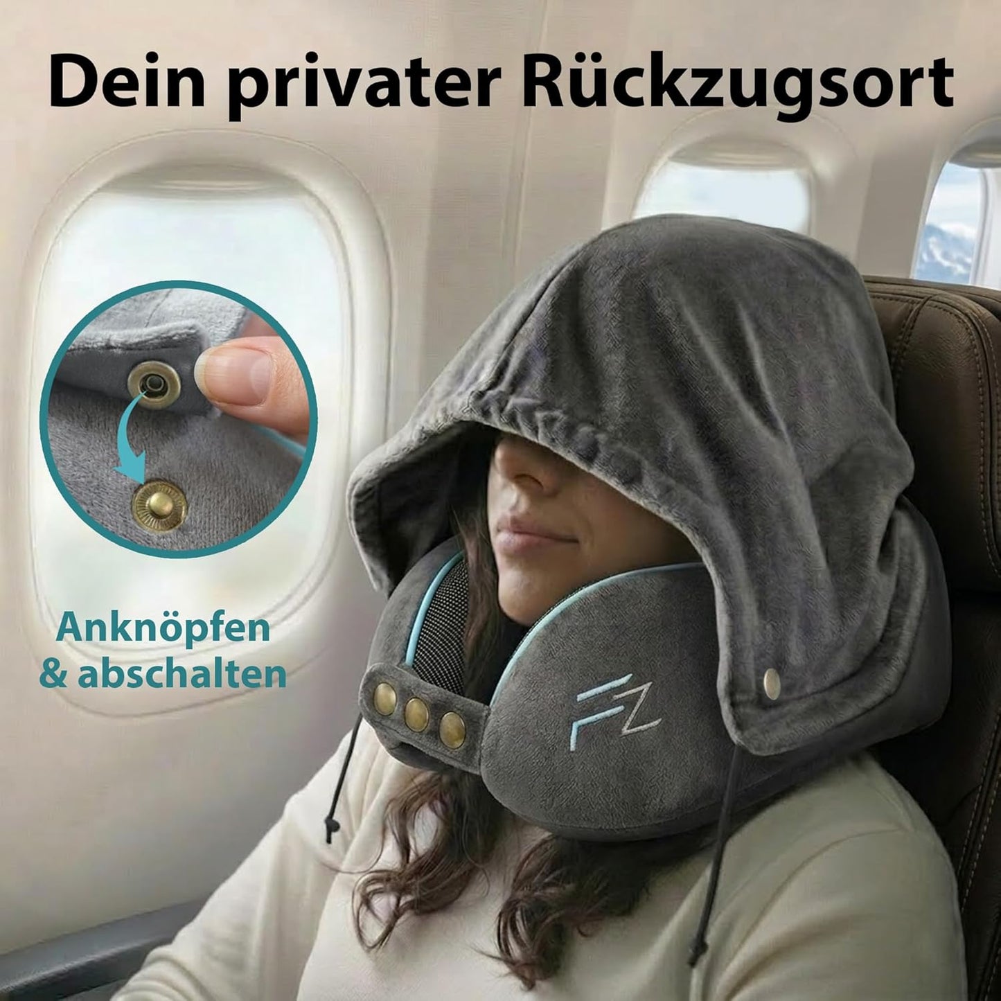 Einstellbares Memory Foam Reisekissen mit Kapuze, 2.1.1. Comfy With Hood - Grau