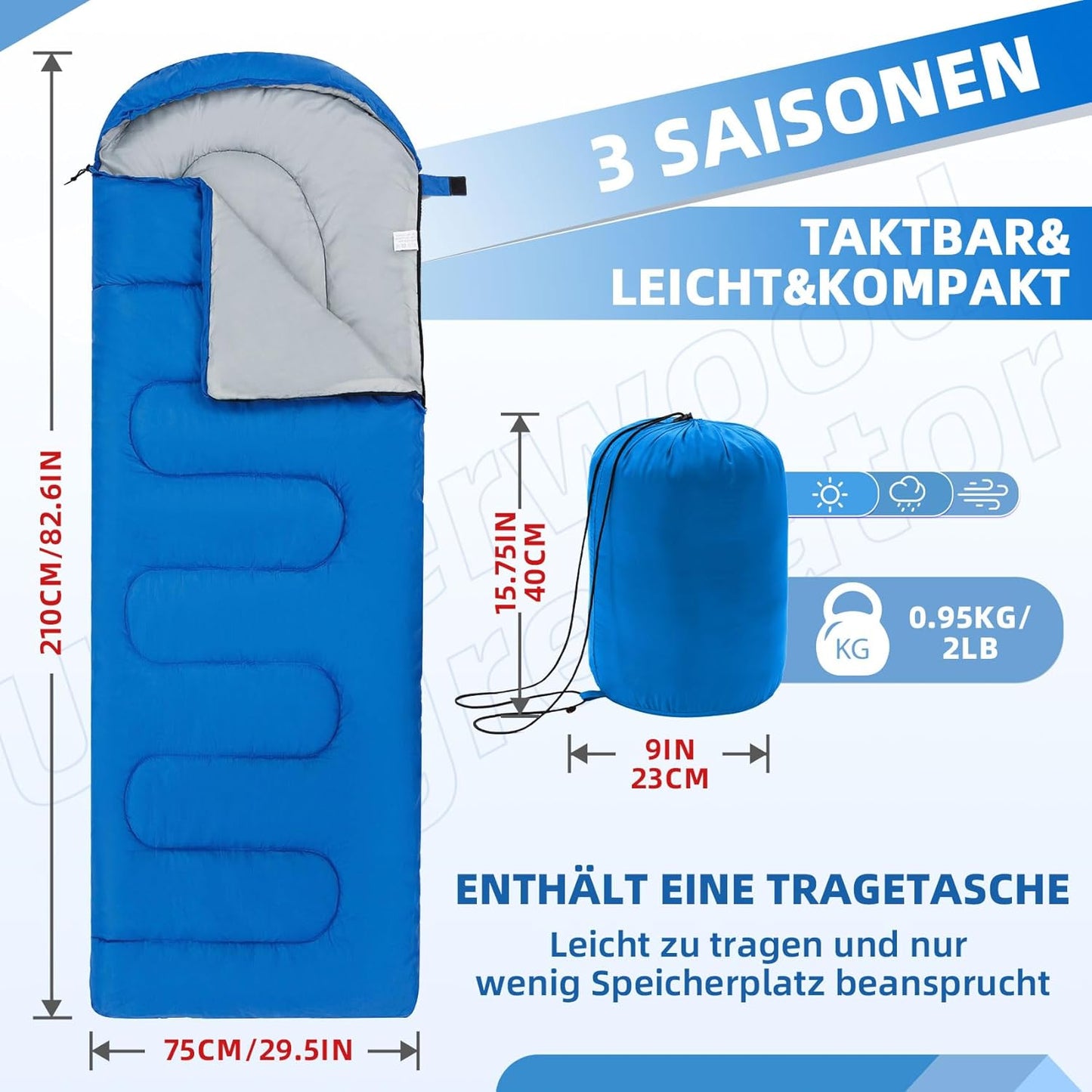 Ultraleichter 3-Saison Schlafsack für Camping, Himmelblau 0.95kg