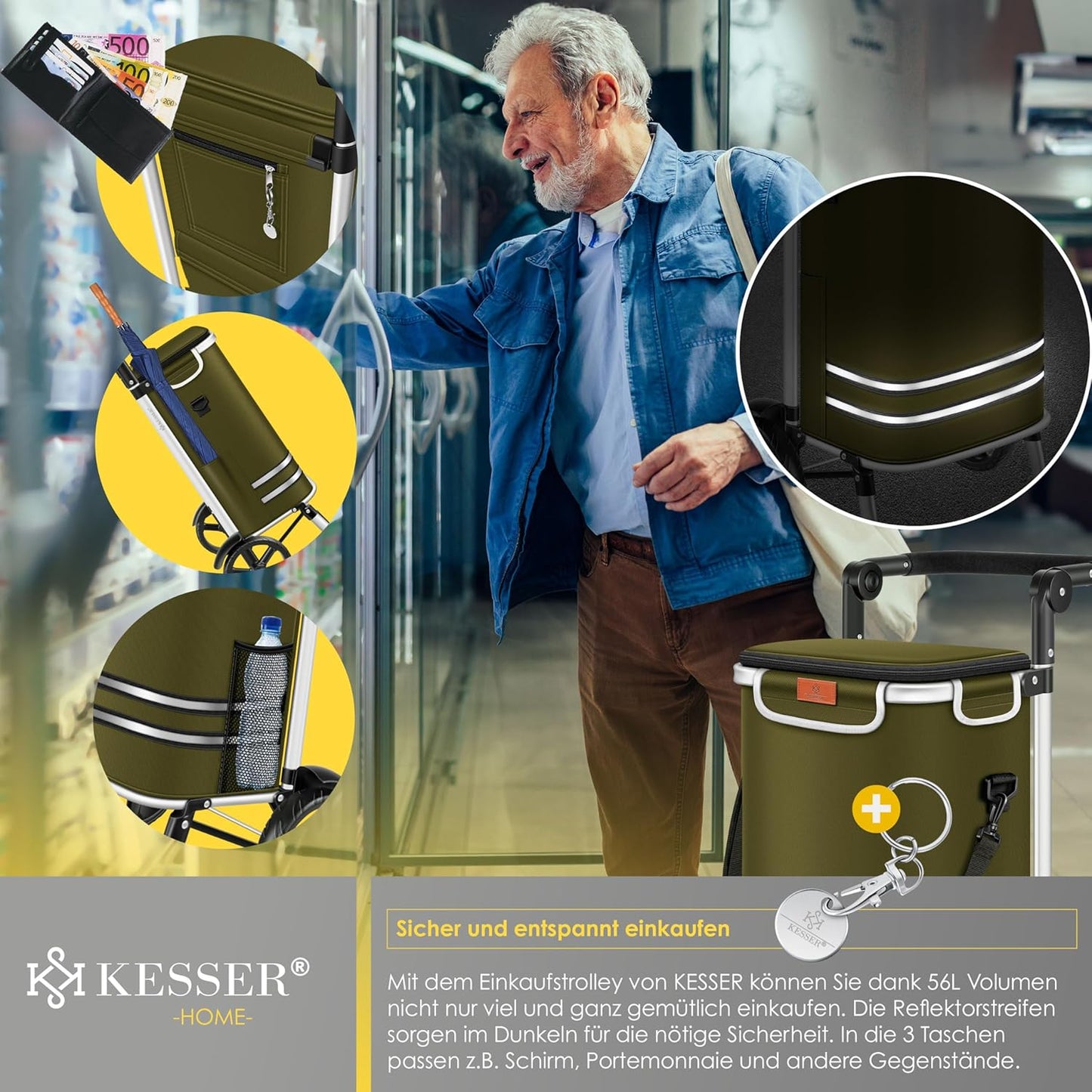 3-in-1 Einkaufstrolley mit Kühlfach & Einkaufschip, Khaki