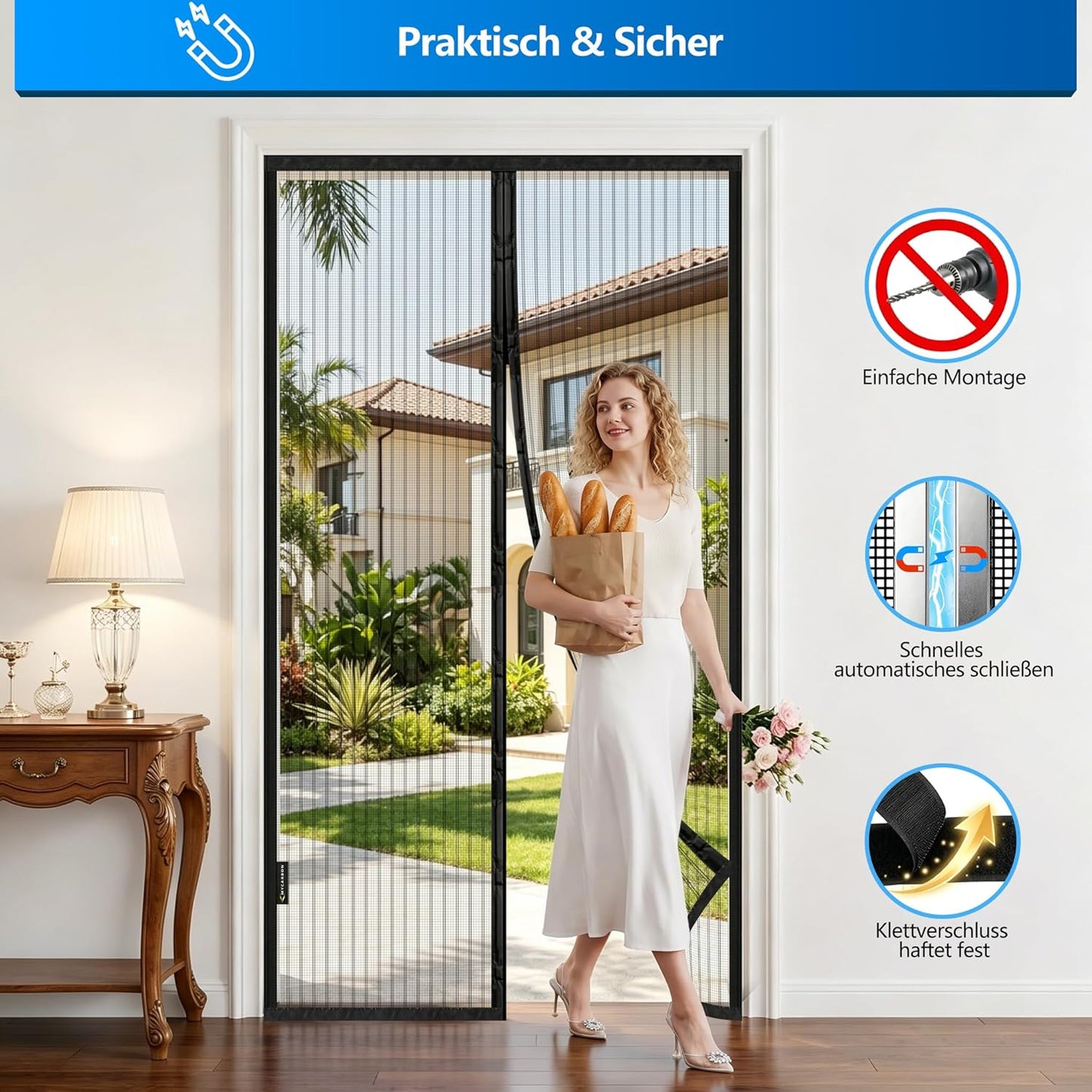 Magnetisches Fliegengitter für Balkontüren, Schwarz Gestreift 100x220cm