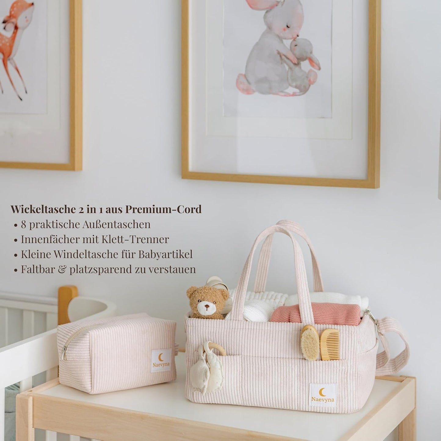 Wickelkorb Organizer-Set mit Schultergurt & Windeltasche, Beige