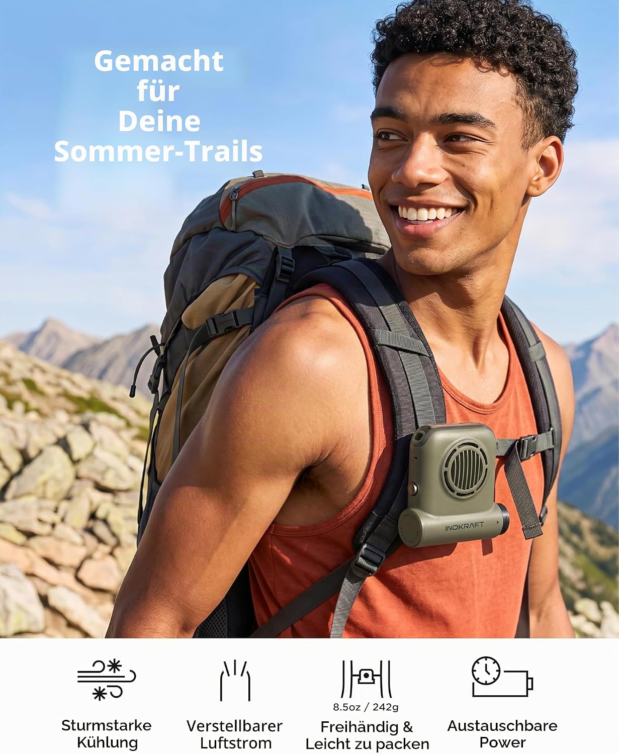Tragbarer USB-Clip-Ventilator, Grün - 1 Akku