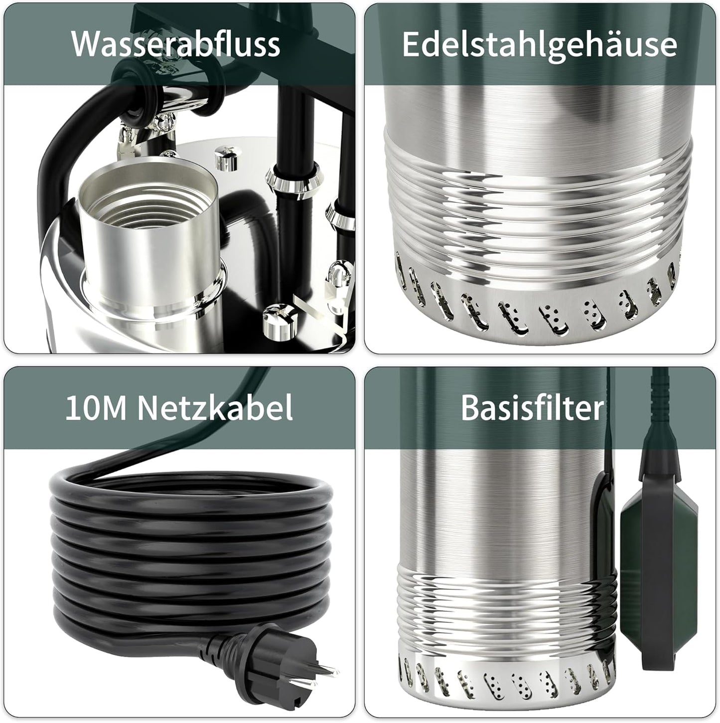 Tauchdruckpumpe mit Schwimmer, 6800 l/h, 60 m max. Höhe, Silber