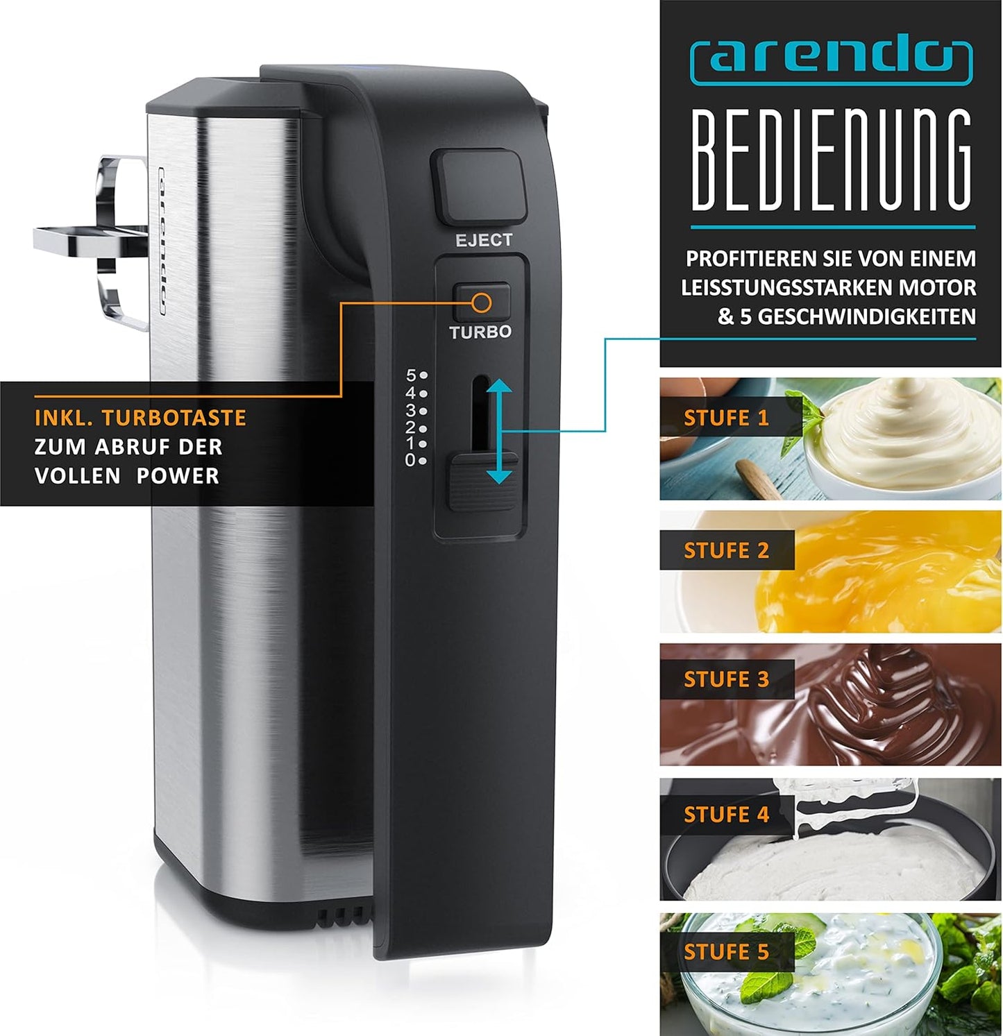 Handmixer Mixero mit 5 Geschwindigkeiten und Turbo, A: Schwarz / Edelstahl