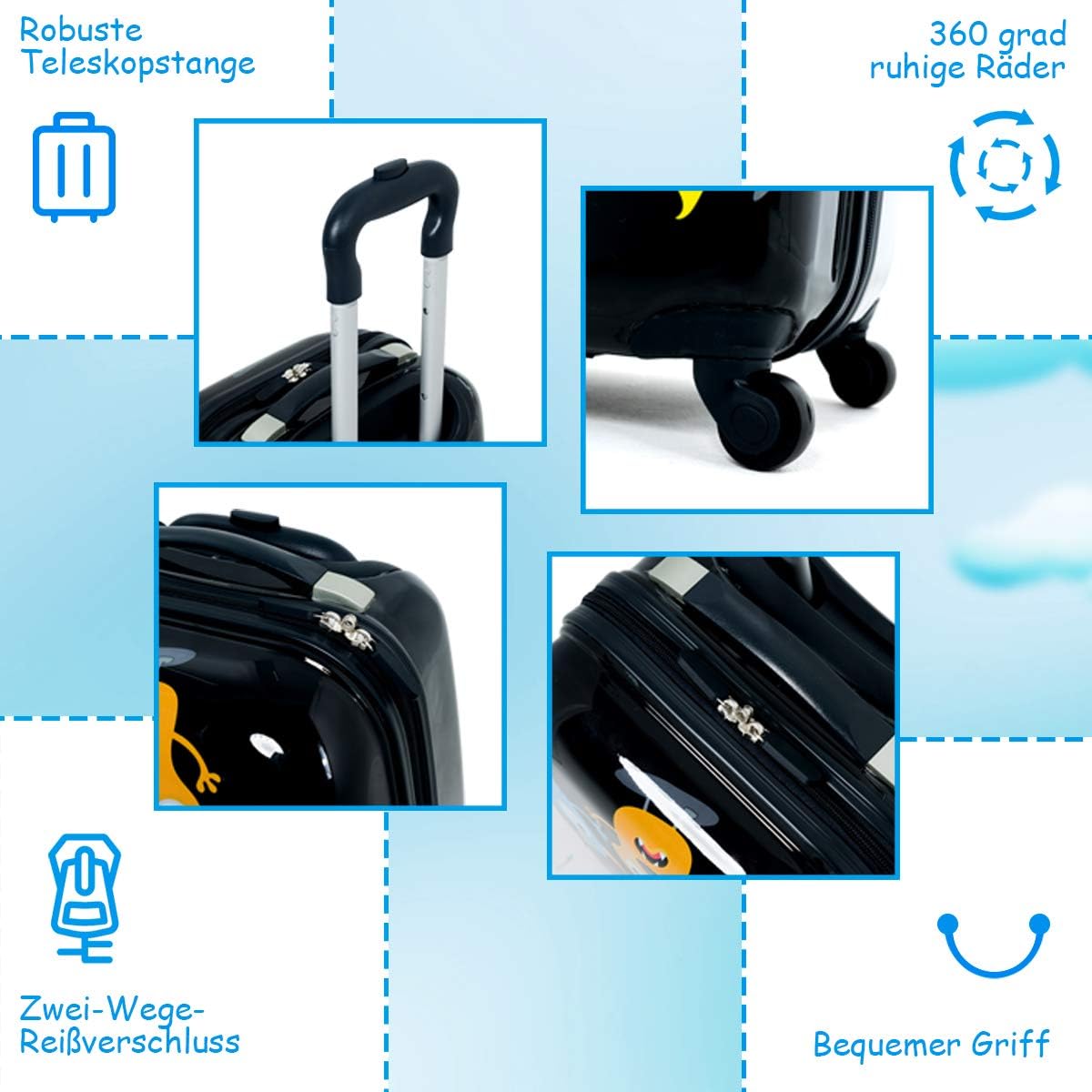 Kinderkoffer mit Rucksack Set, 16 Zoll +12 Zoll, Schwarz