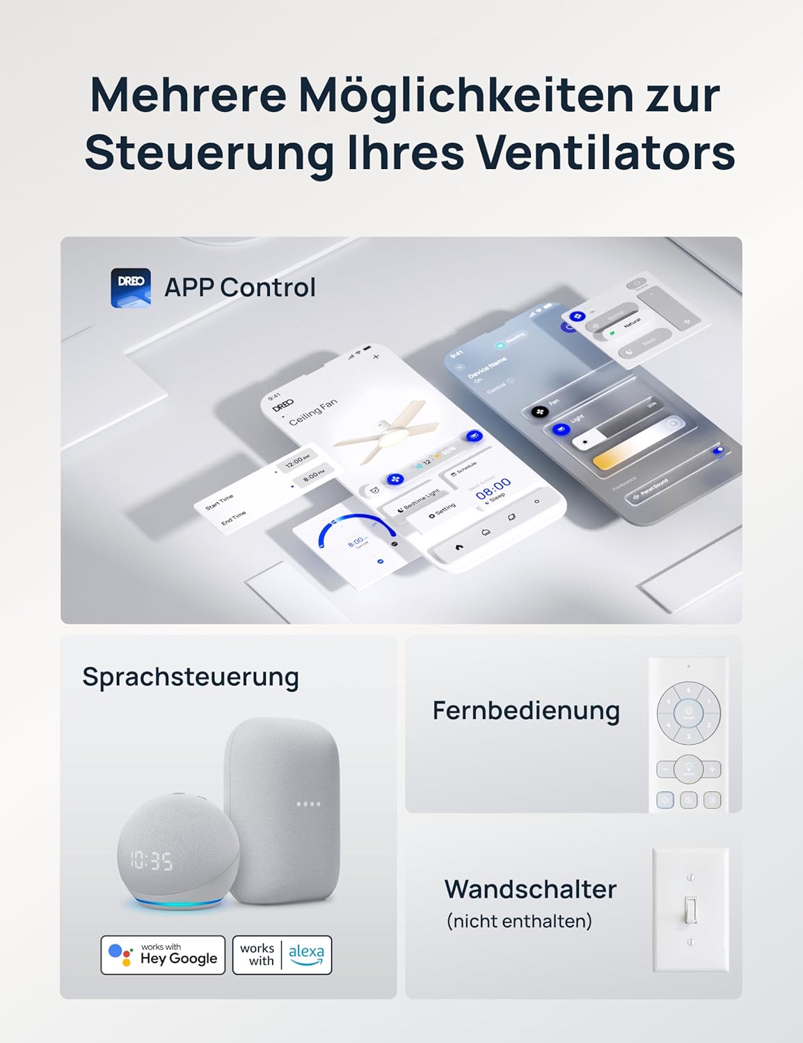 Deckenventilator mit Licht und Fernbedienung, Weisse Holzmaserung