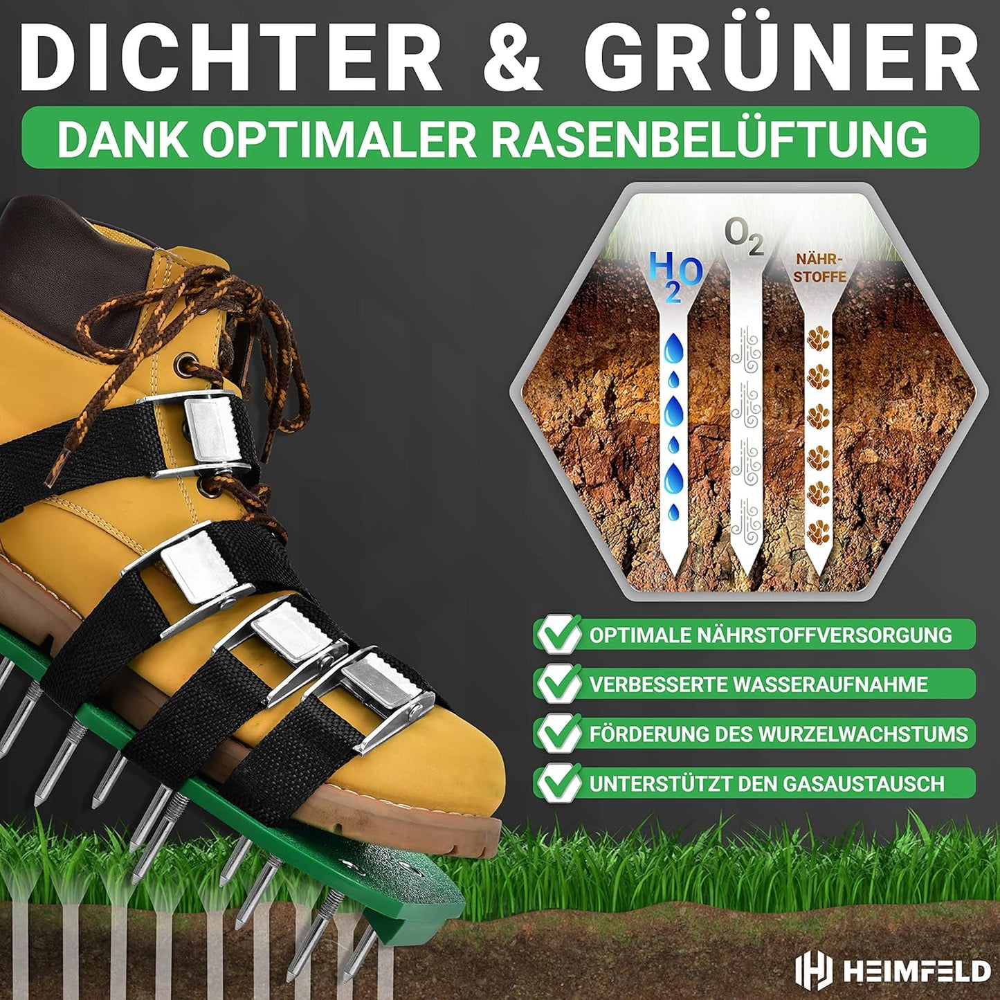 Rasenlüfter-Nagelschuhe mit Riemen (Schuhgrösse 37 bis 48), Grün