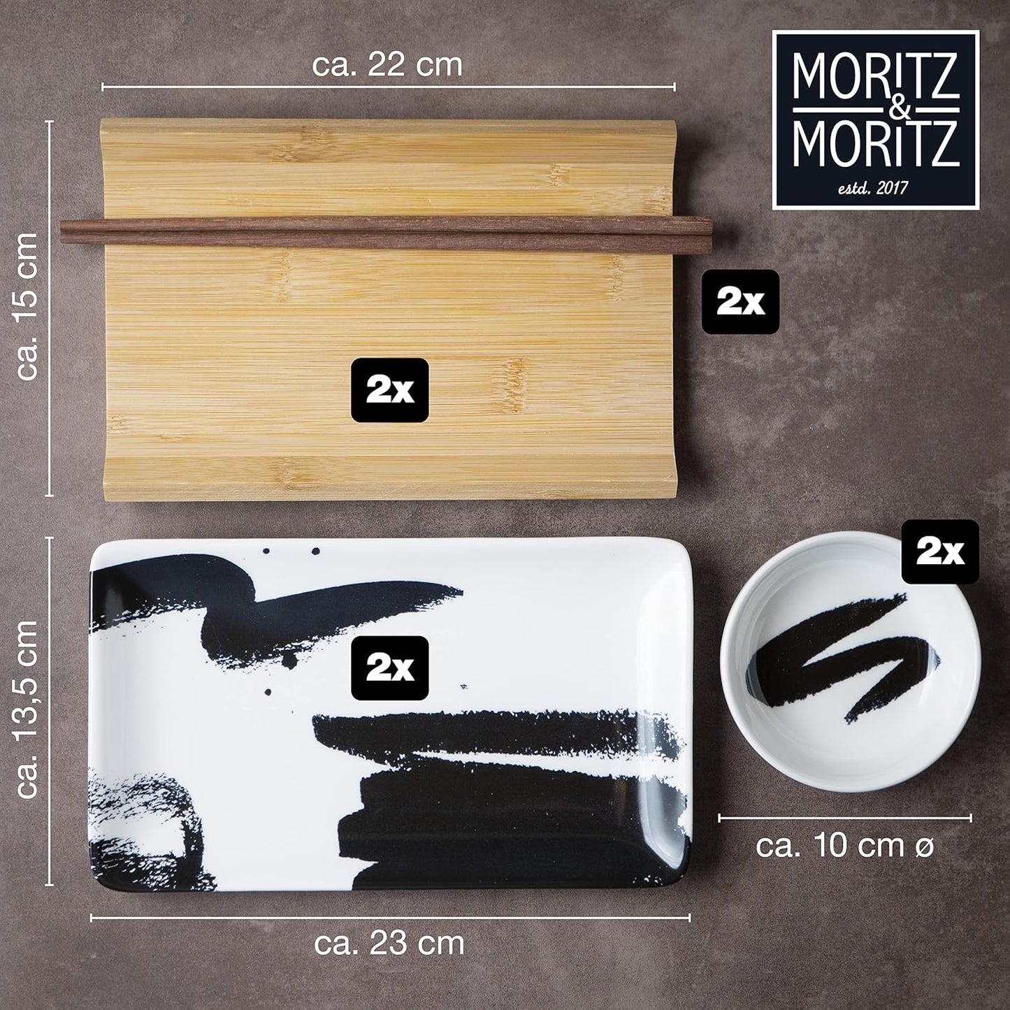 8-tlg. Sushi-Geschirr-Set, Pinselstriche Schwarz