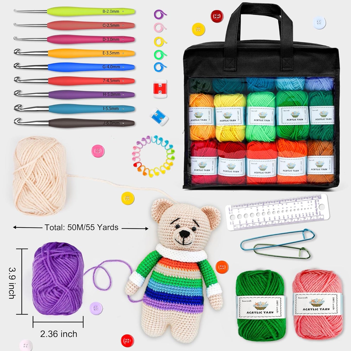Häkelwolle-Set mit Zubehör, 20 Farben-2180yd