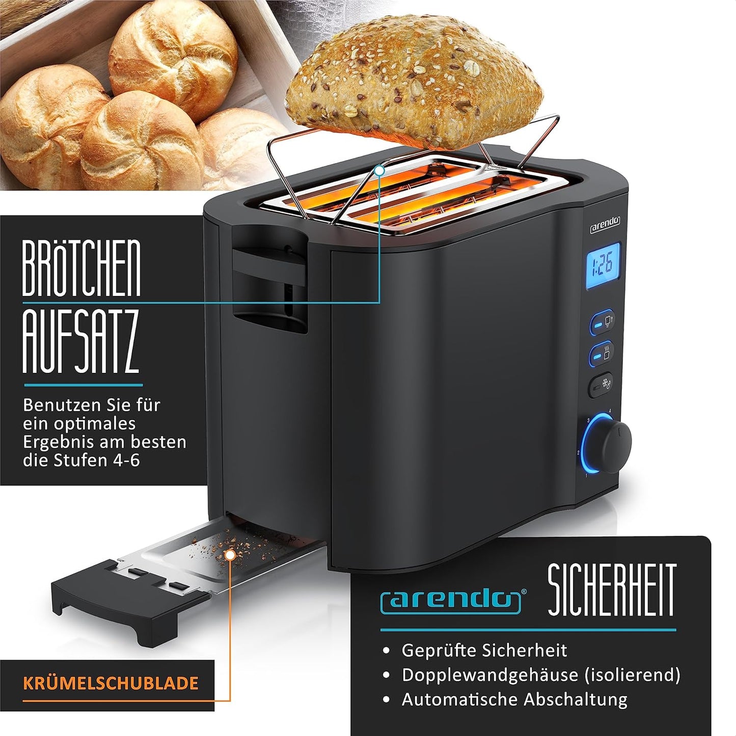 Toaster Manha Compact mit Restzeitanzeige und Brötchenaufsatz, A: Schwarz