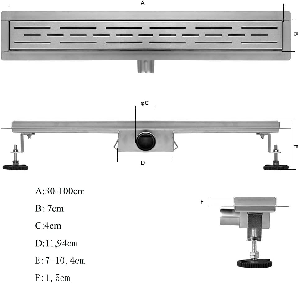 Duschrinne Komplettset mit Geruchsstop und Haarsieb, 360° Schlitz 90cm
