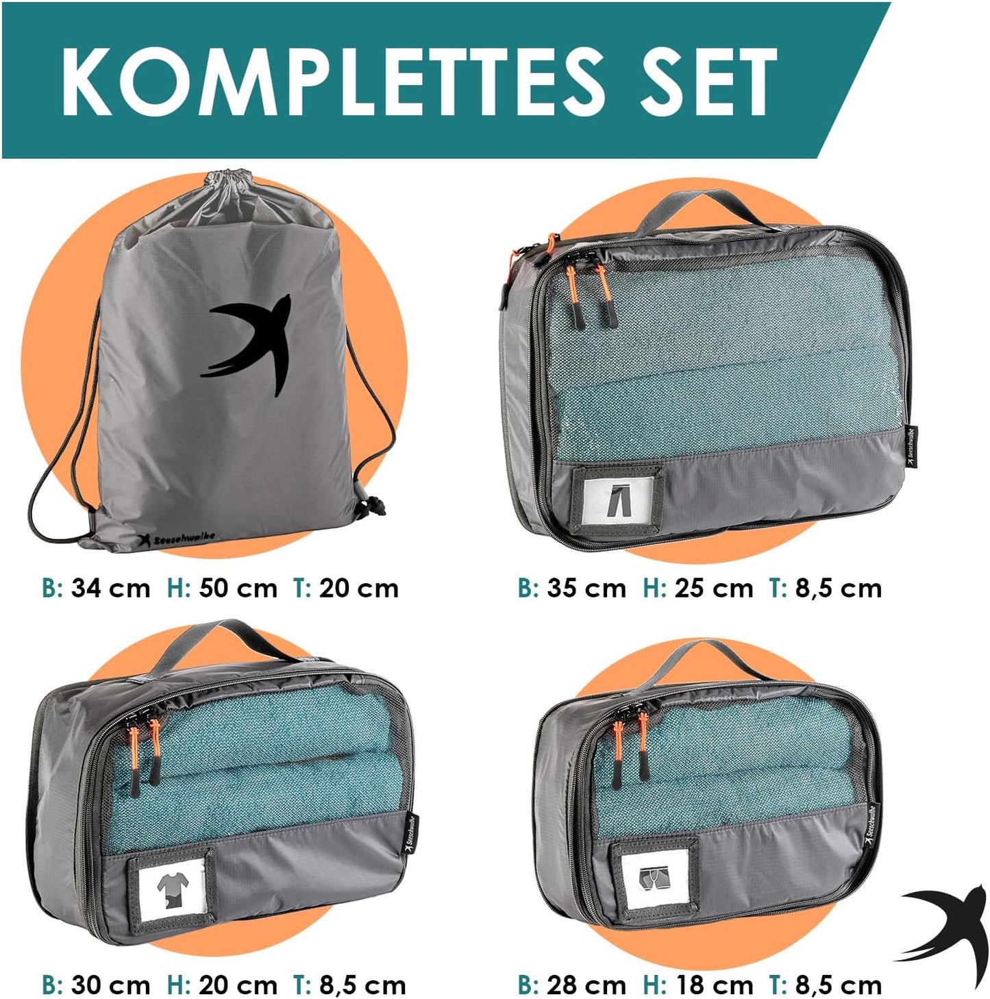 4-teiliges Packwürfel-Set, Grau 4-teiliges Set