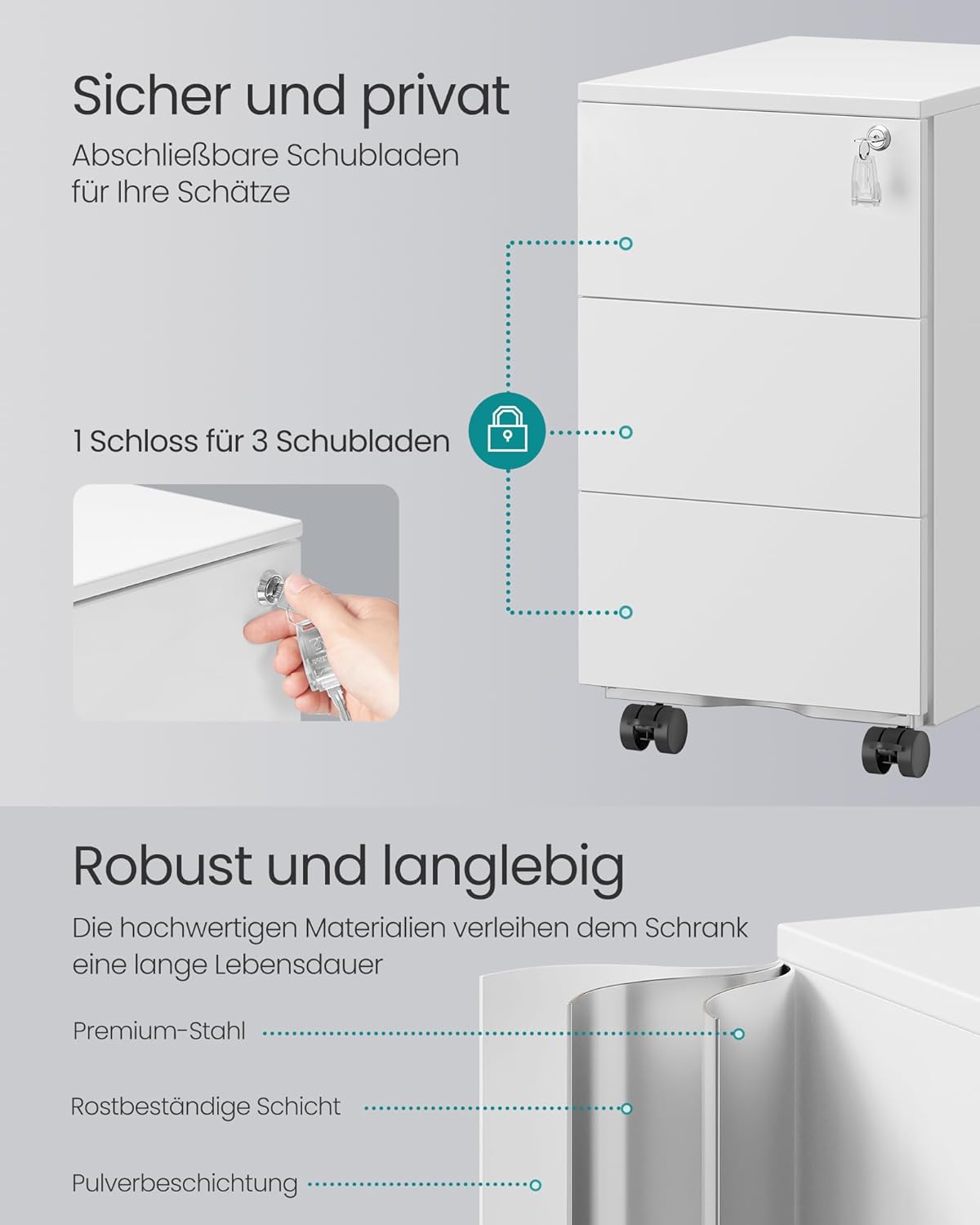 Mobiler Aktenschrank OFC079W01 mit 3 Schubladen, abschliessbar, 3 Ablagen (40T x 30B x 54H cm) Mattweiß