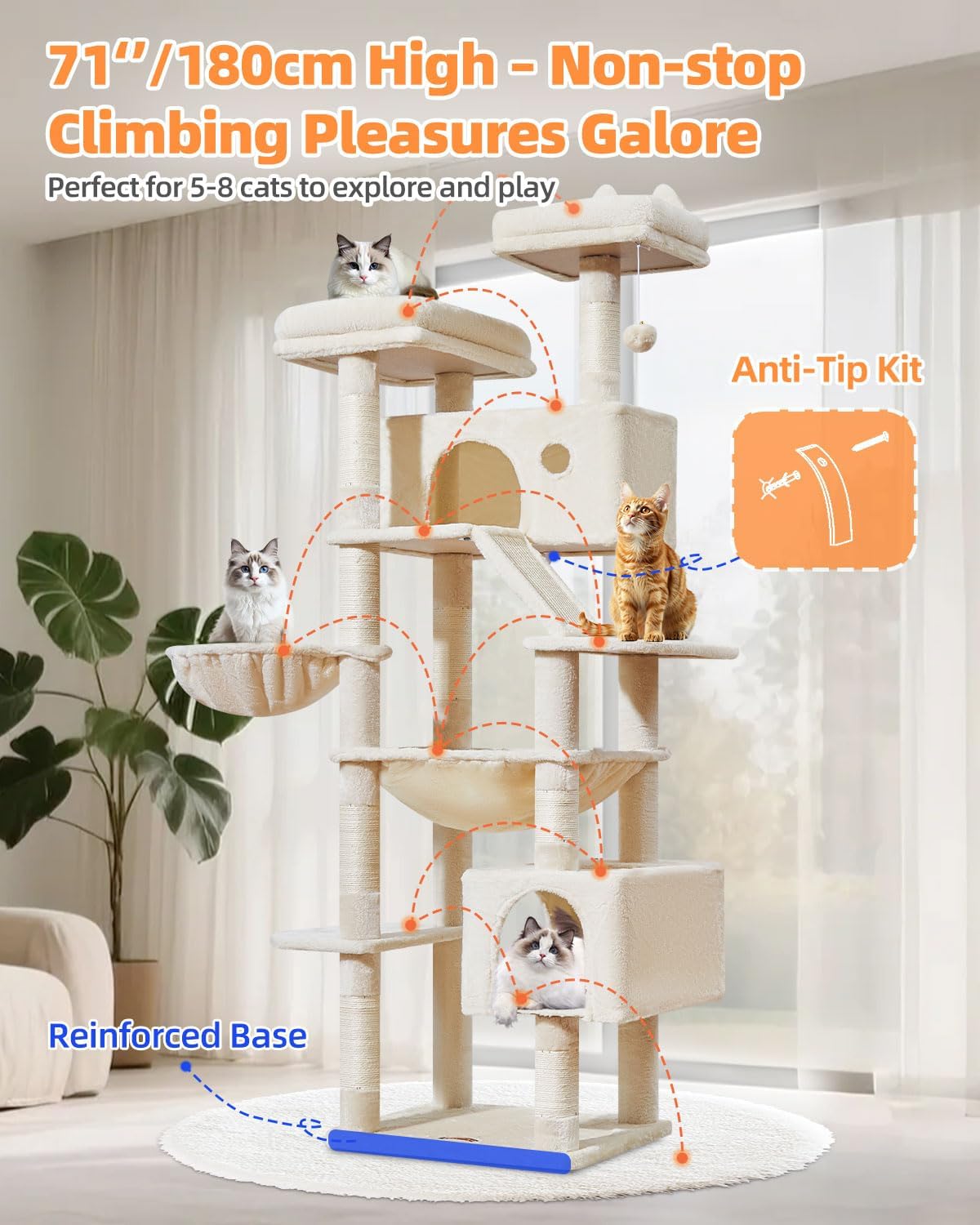 Kratzbaum MS026LM mit Katzenhaus und Hängematte, Beige 180CM