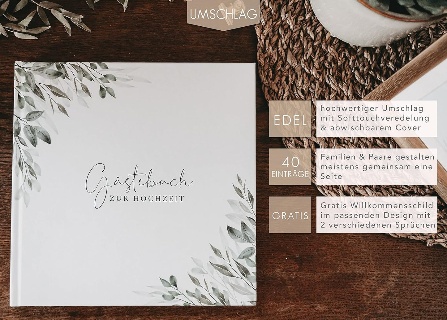 Hochzeit-Gästebuch mit Fragen zum Ausfüllen, mit Fragen Eukalyptus