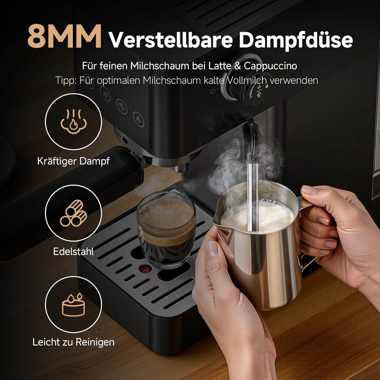 Siebträgermaschine mit Milchaufschäumer, All Black