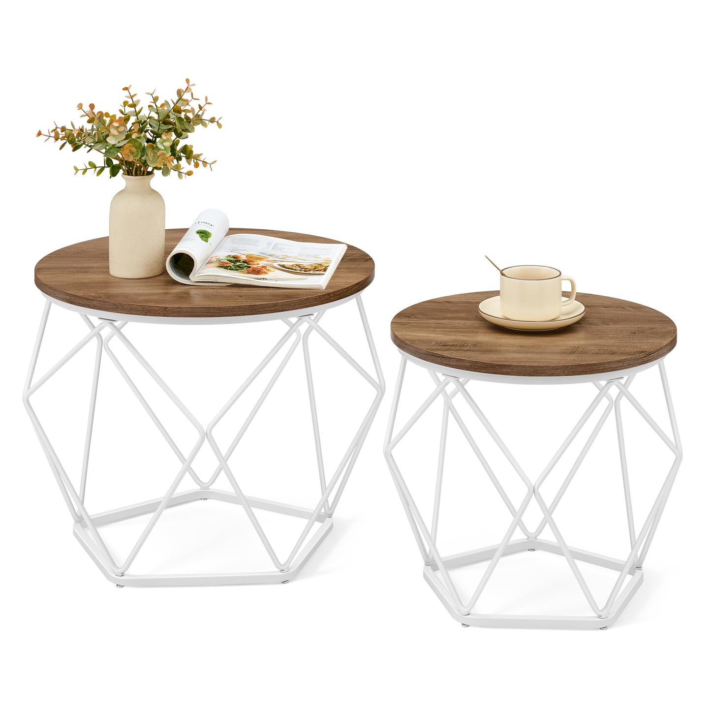 Runder Couchtisch-Set mit abnehmbarer Platte (2-teilig), (50d x 40H) cm+(40d x 36H) cm Honigbraun + Wolkenweiss