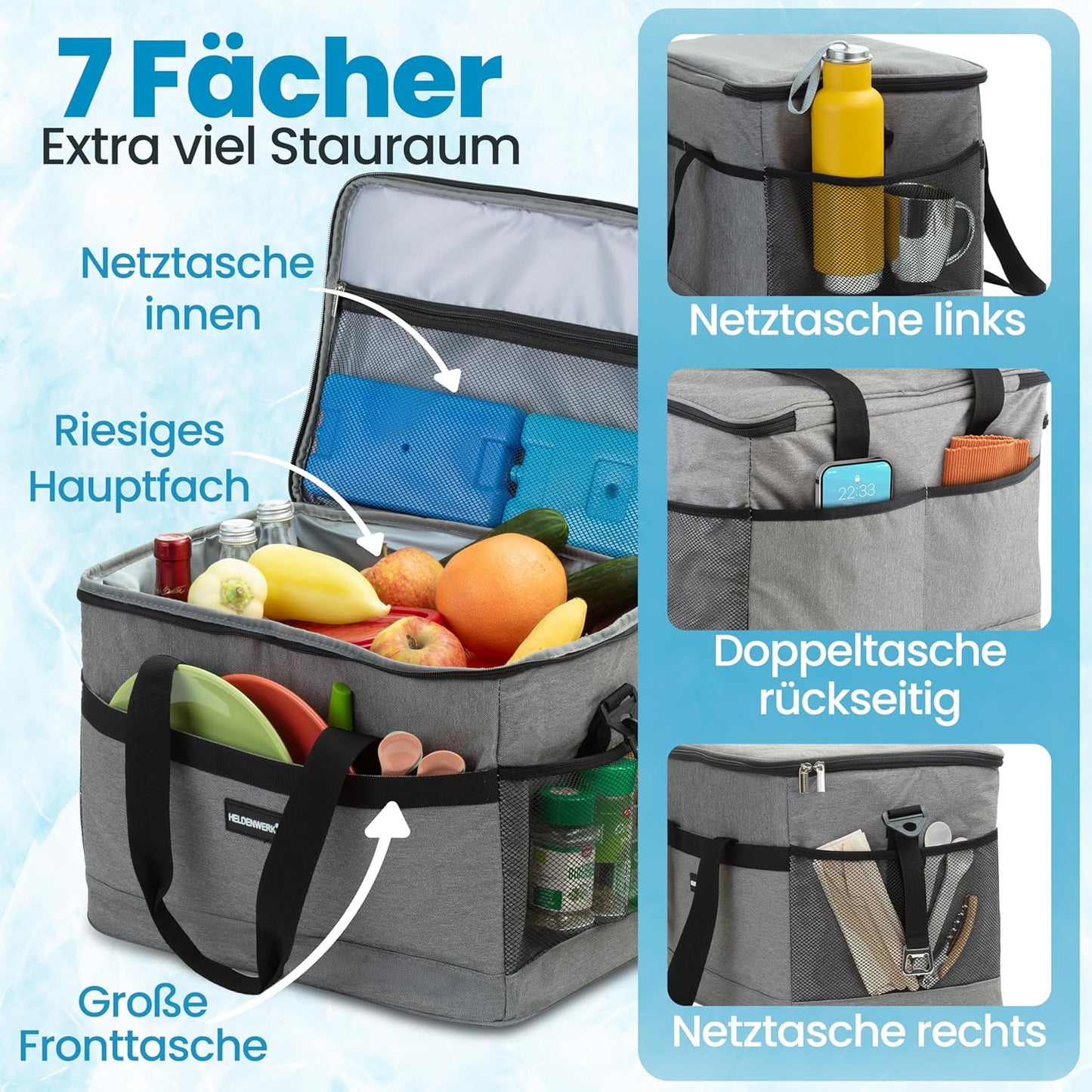 Faltbare Kühltasche mit 7 Fächern, Hellgrau 20L (L35 x B23 x H25 cm)