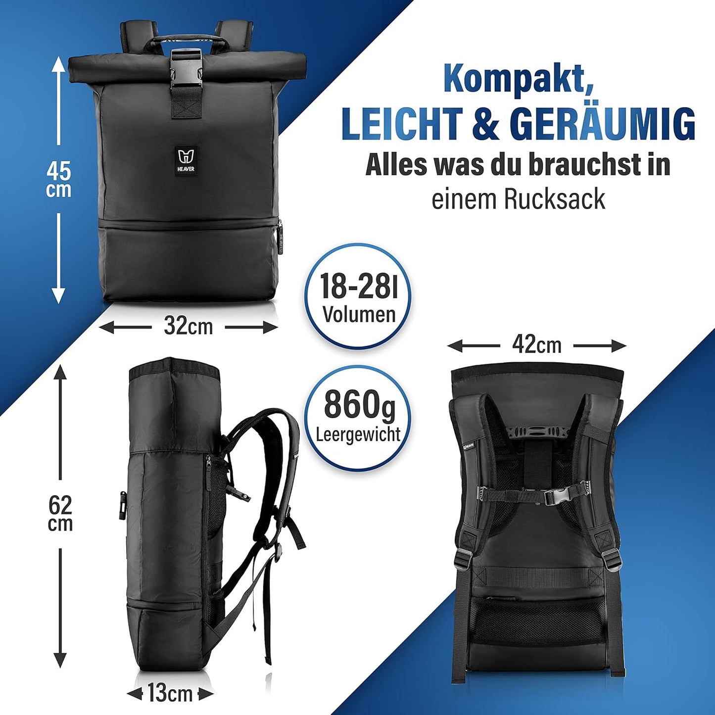 Rolltop Rucksack mit Laptopfach, Schwarz