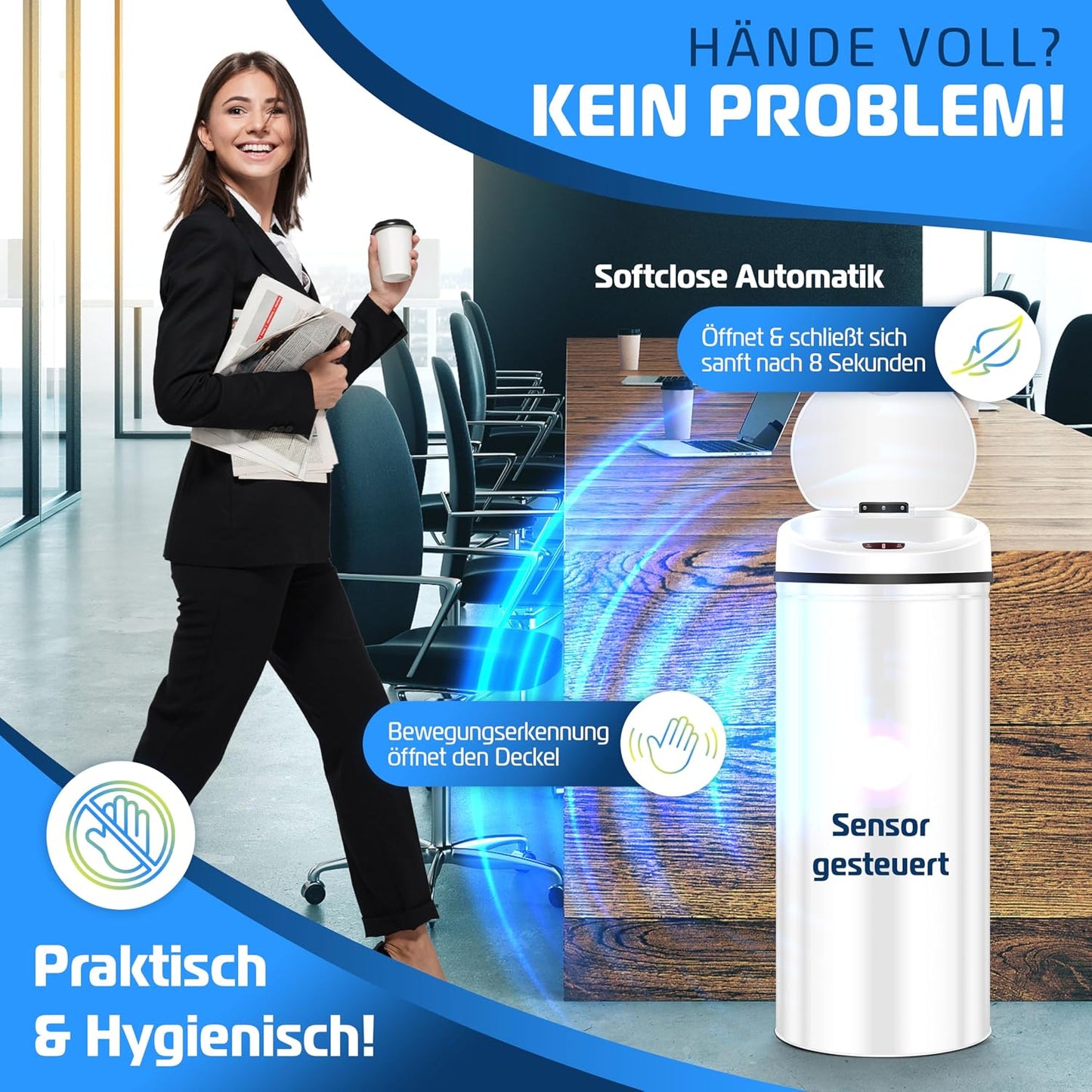 Sensor Mülleimer mit Müllsackhalterung, 56 Liter Weiss