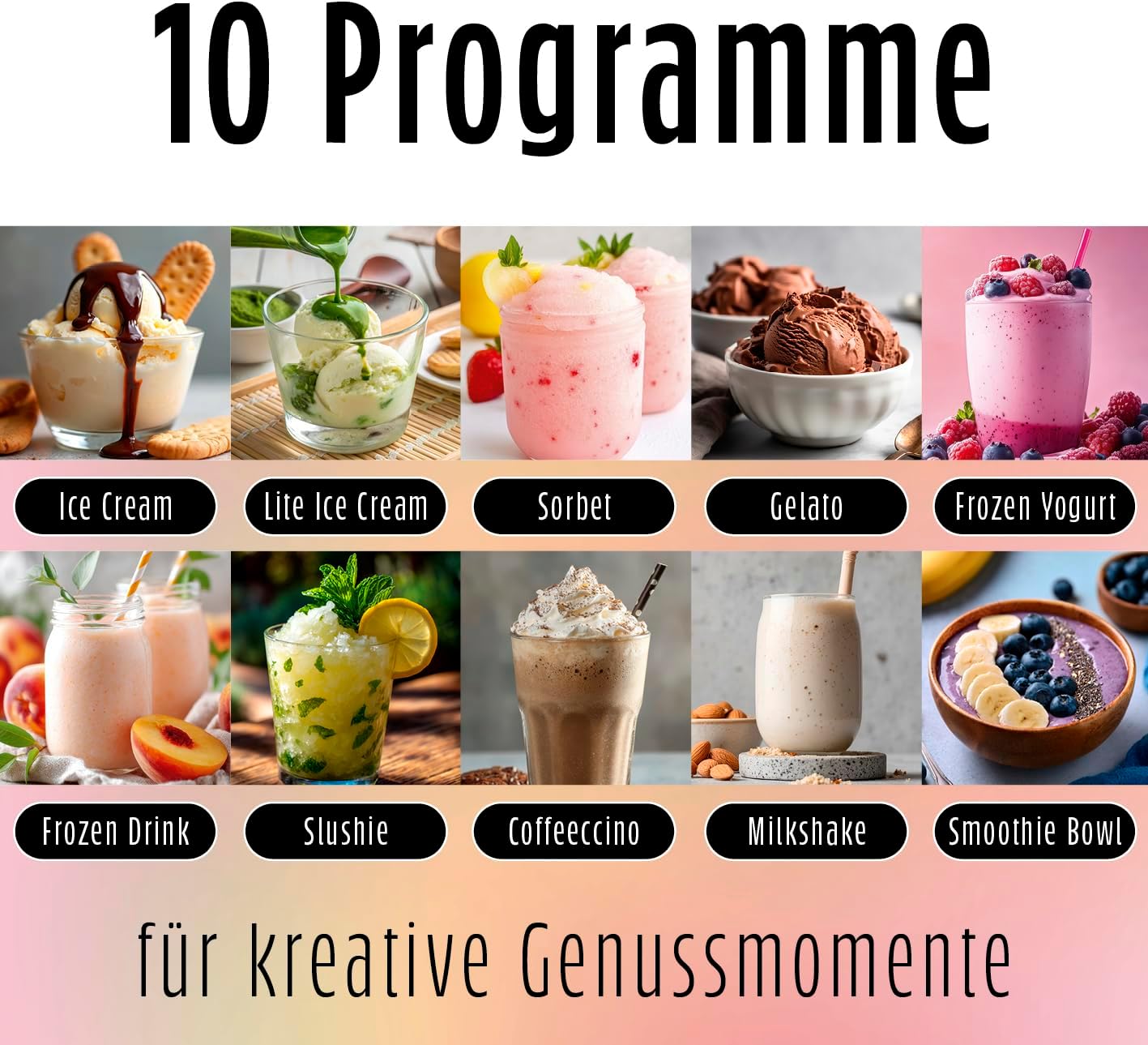 SmoothUp Eiscreme-Maschine mit 10 Programmen, Eismaschine 800W schwarz