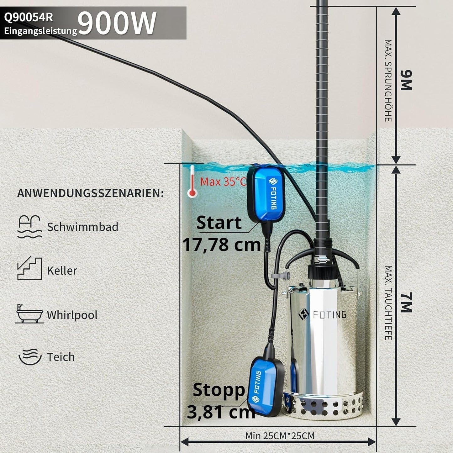Tauchpumpe, 13.000 l/h, Dunkelblau
